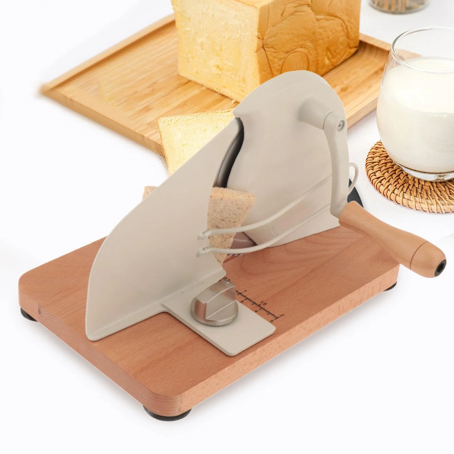 de Pan Manual Regulable en Grosor Equipado con Ventosas Antideslizantes Estructura de Acero Inoxidable Y Base de Madera Función de P, Blanco, Individual