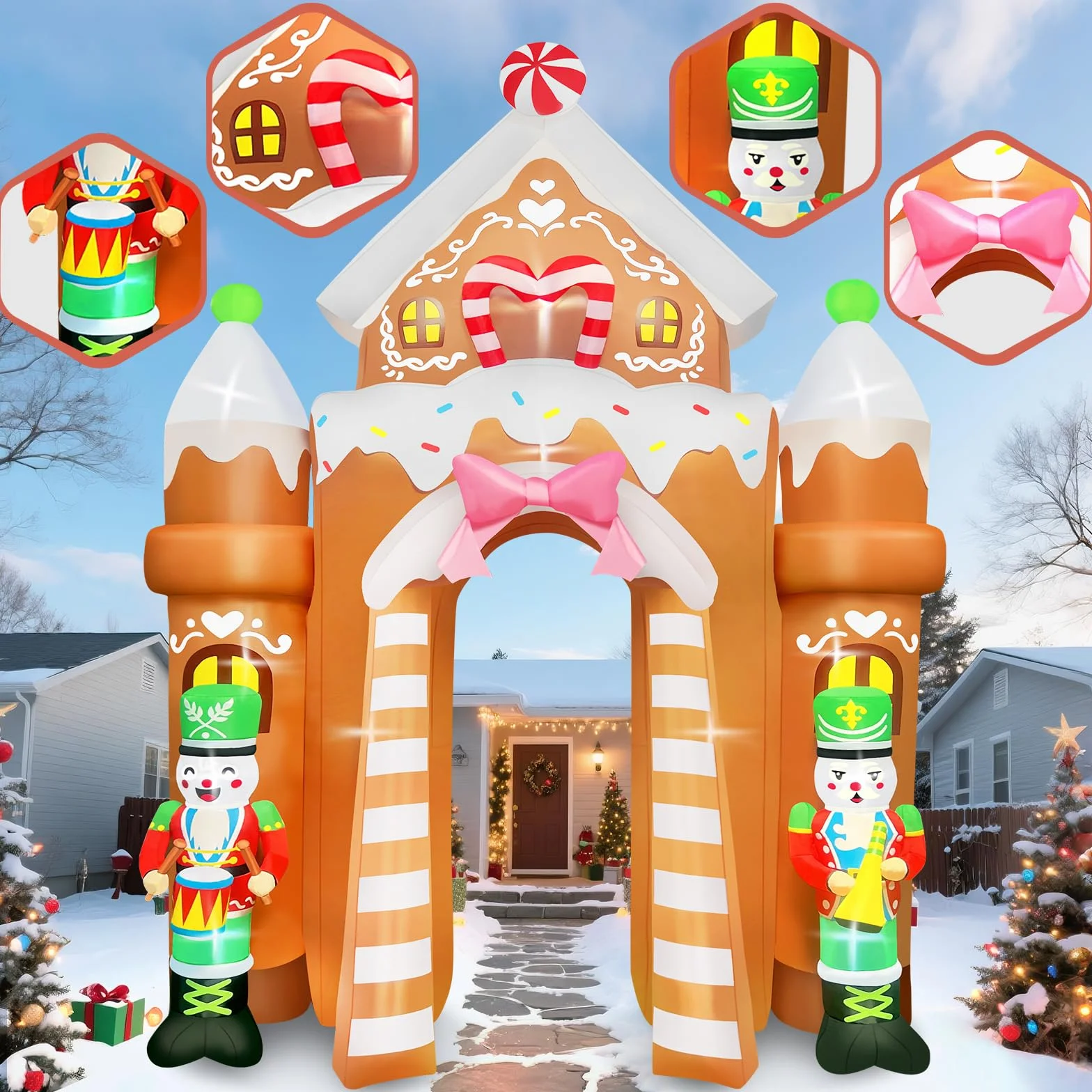 Kalolary Decoración de Navidad Hinchable con iluminación LED – Gran Figura de Navidad para Interior y Exterior, decoración navideña para jardín y casa (12FT,Soldados Gingerbread Archway)