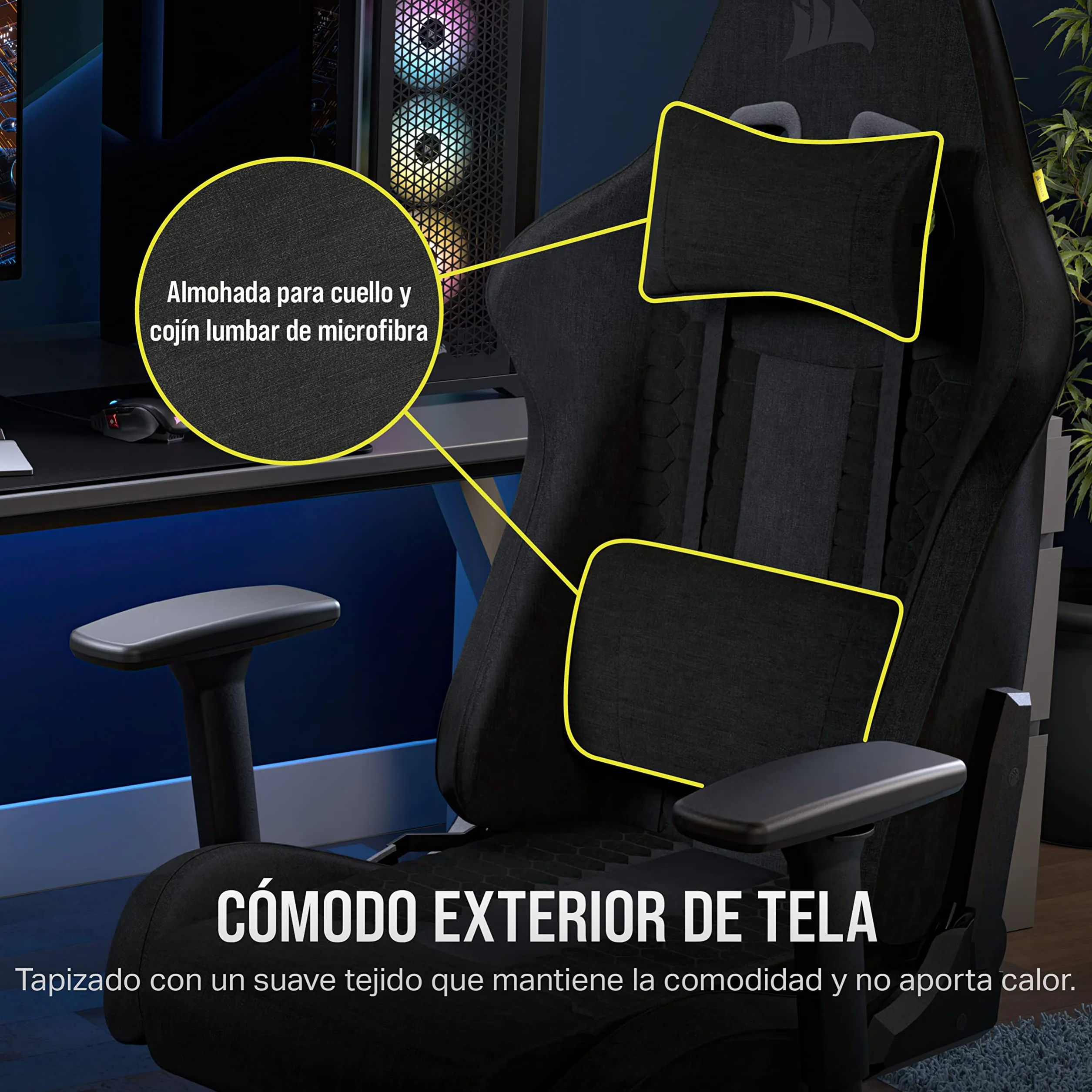 Corsair TC100 Relaxed Silla para Juegos - Negro | Fabric, Diseño Inspirado en Las Carreras, Cojín lumbar, Almohada Cervical Extraíble de Espuma Viscoelástica
