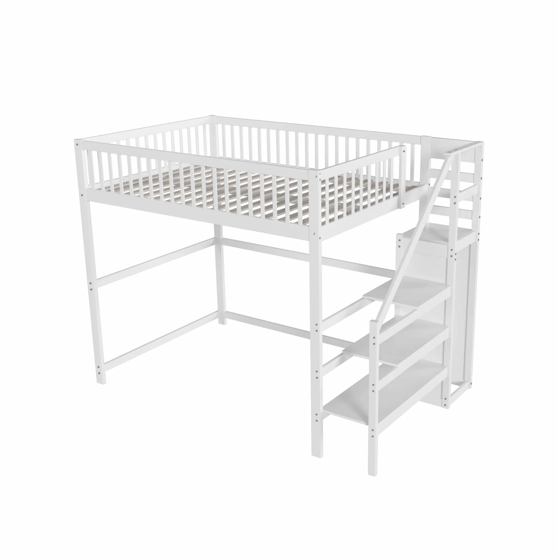 Azkoeesy Cama Alta Juvenil 140x200 cm en Madera de Pino Blanca, Escala Integrada Ahorra Espacio, Armario, Barandilla de Seguridad y Somier, para Niños y Adolescentes