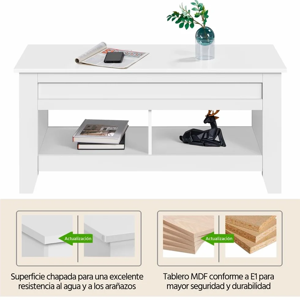 Yaheetech Mesa Centro Elevable de Madera Mesa de Café para Salón con Revistero Mueble de Diseño Moderno 104.5 x 49.5 x (49-61.5) cm Blanco