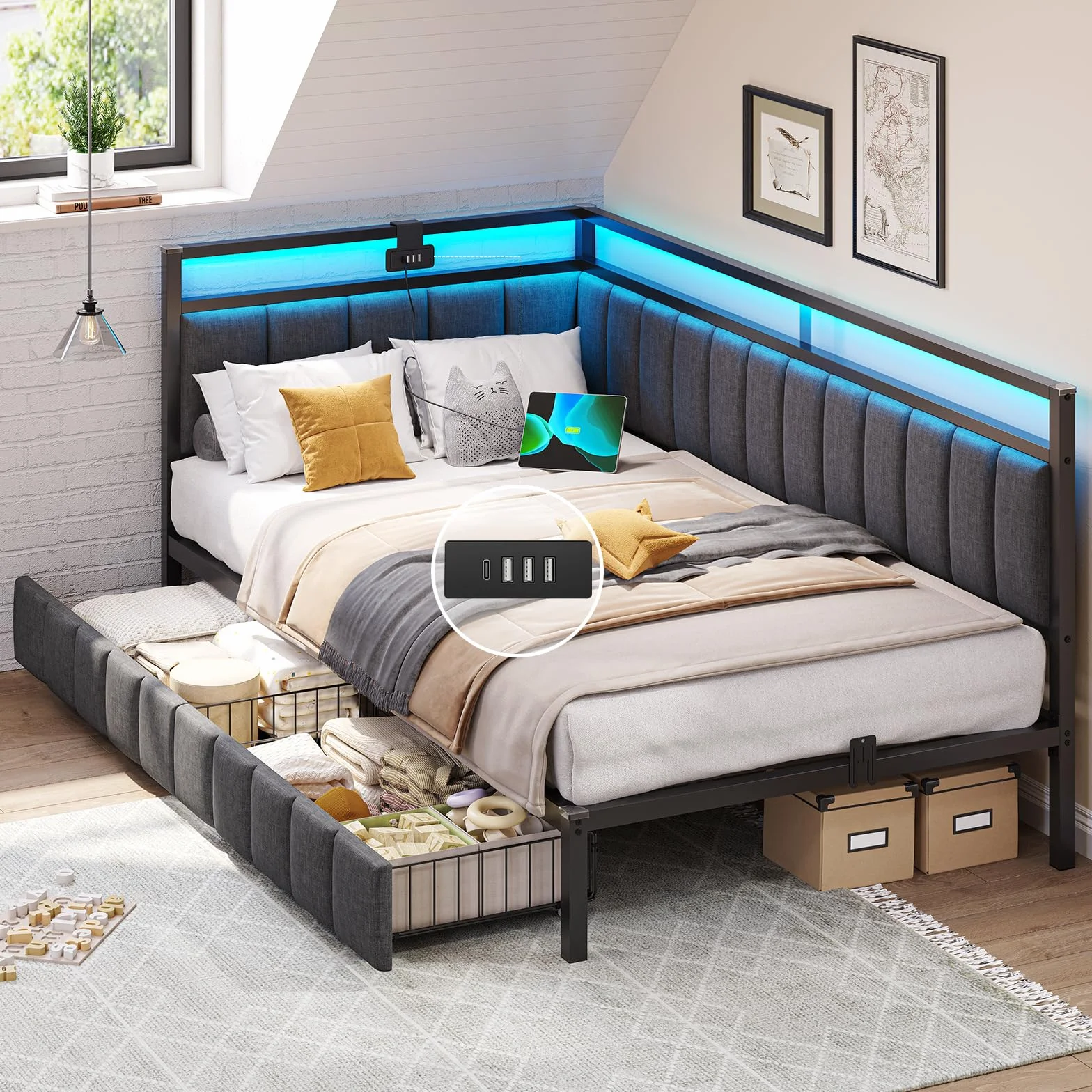 DICTAC Sofá Cama de 90 x 190 con iluminación LED y Toma USB, Estructura de Cama de 90x190 con somier de láminas de Metal, Cama banqueta con Cama Nido y cajones de Almacenamiento para niños, Gris