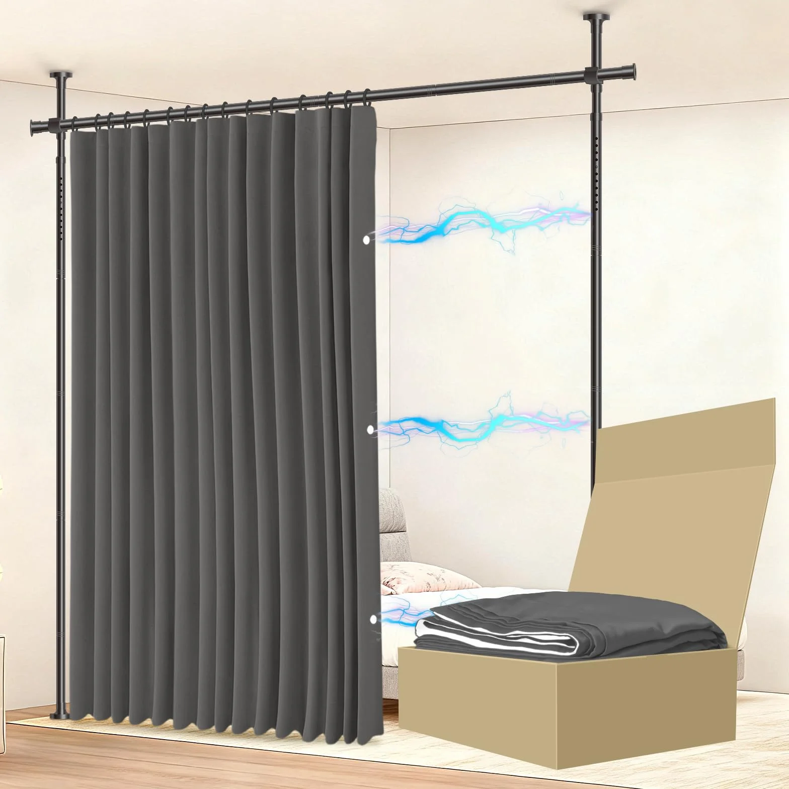 JILRON Juego de cortinas para separar ambientes, ideal para alquileres, oficinas temporales y apartamentos (1 cortina gris: H 213 x B 270 cm, Barra: H 109-305 x B 89-254 cm)