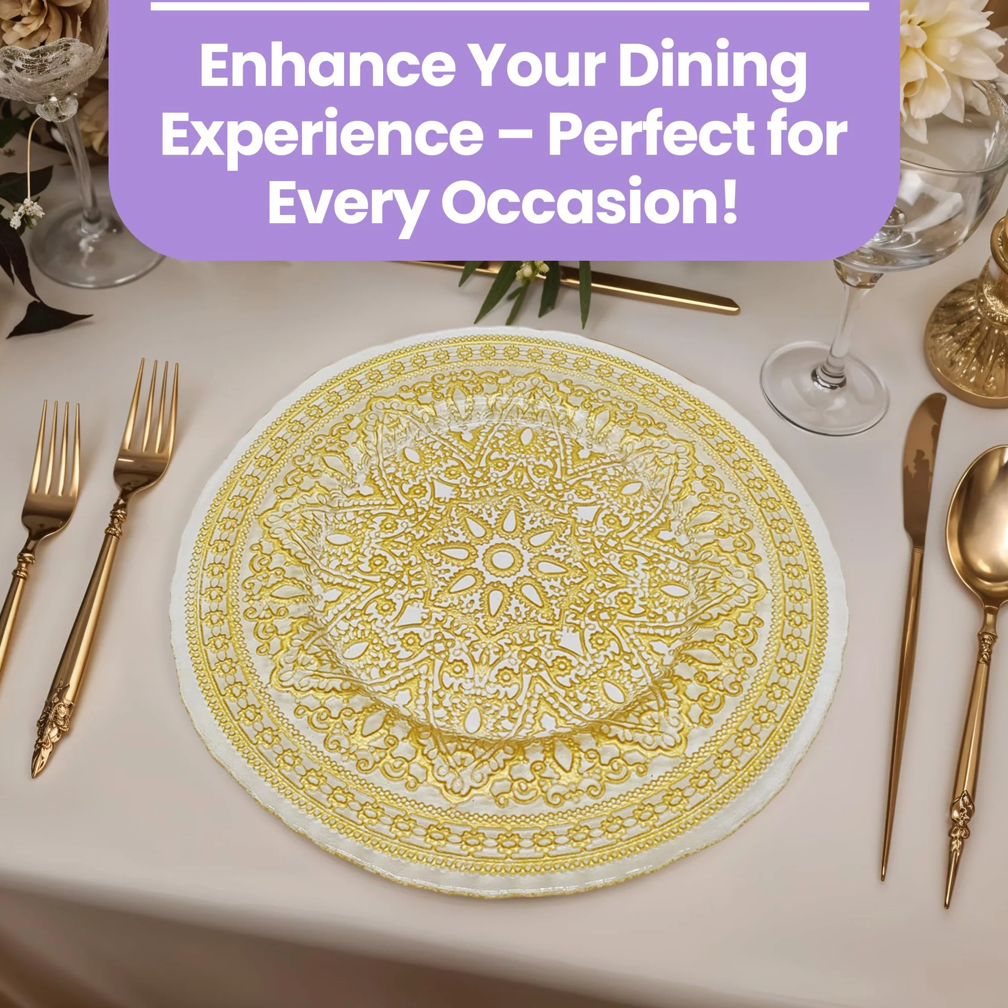 Elegantes platos de carga con diseño de flor de mandala dorada, 33 cm, elegantes platos inferiores para bodas, fiestas, aniversarios, cumpleaños, vajilla, eventos de catering y eventos especiales, 6