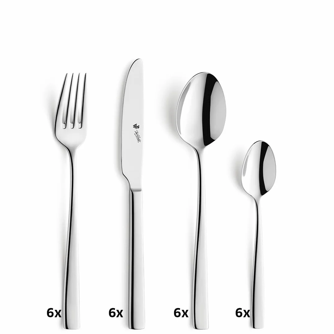 PW Paul Wirths Pure 90 - Cubertería para 6 personas, 24 piezas, acero inoxidable pulido, apto para lavavajillas, cubiertos con bandeja para cubiertos