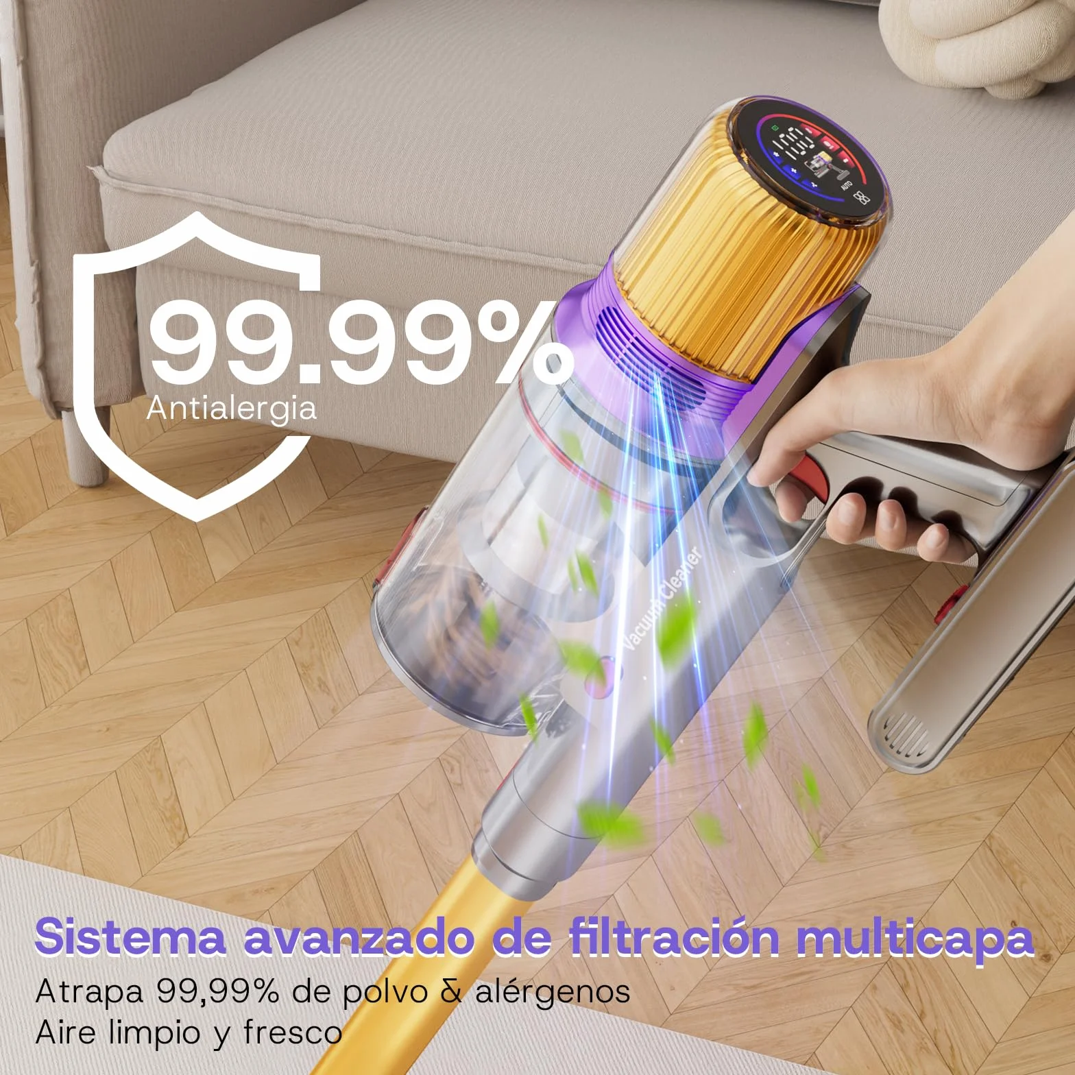V16 Aspiradora sin Cable 55Kpa/600W/80Mins, Aspirador Escoba sin Cable con Pantalla Táctil LED, Modo Automático, Aspirador Inalámbrico Antienredo para Suelo Alfombra Pelos de Animales