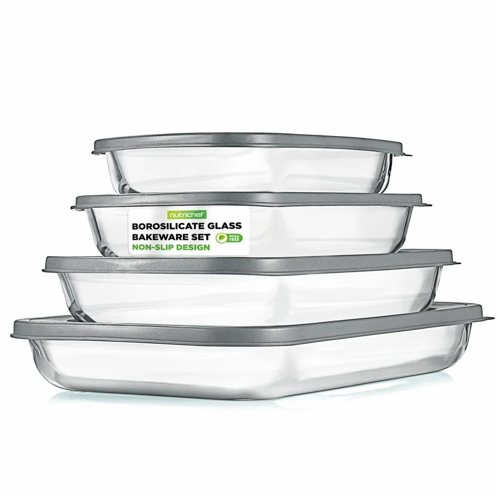 NutriChef fuentes refractarias rectangulares de cristal con tapa, Bandejas de horno apilables para lasaña y cazuela, Para microondas, Lavavajillas, Nevera y congelador, 8 piezas
