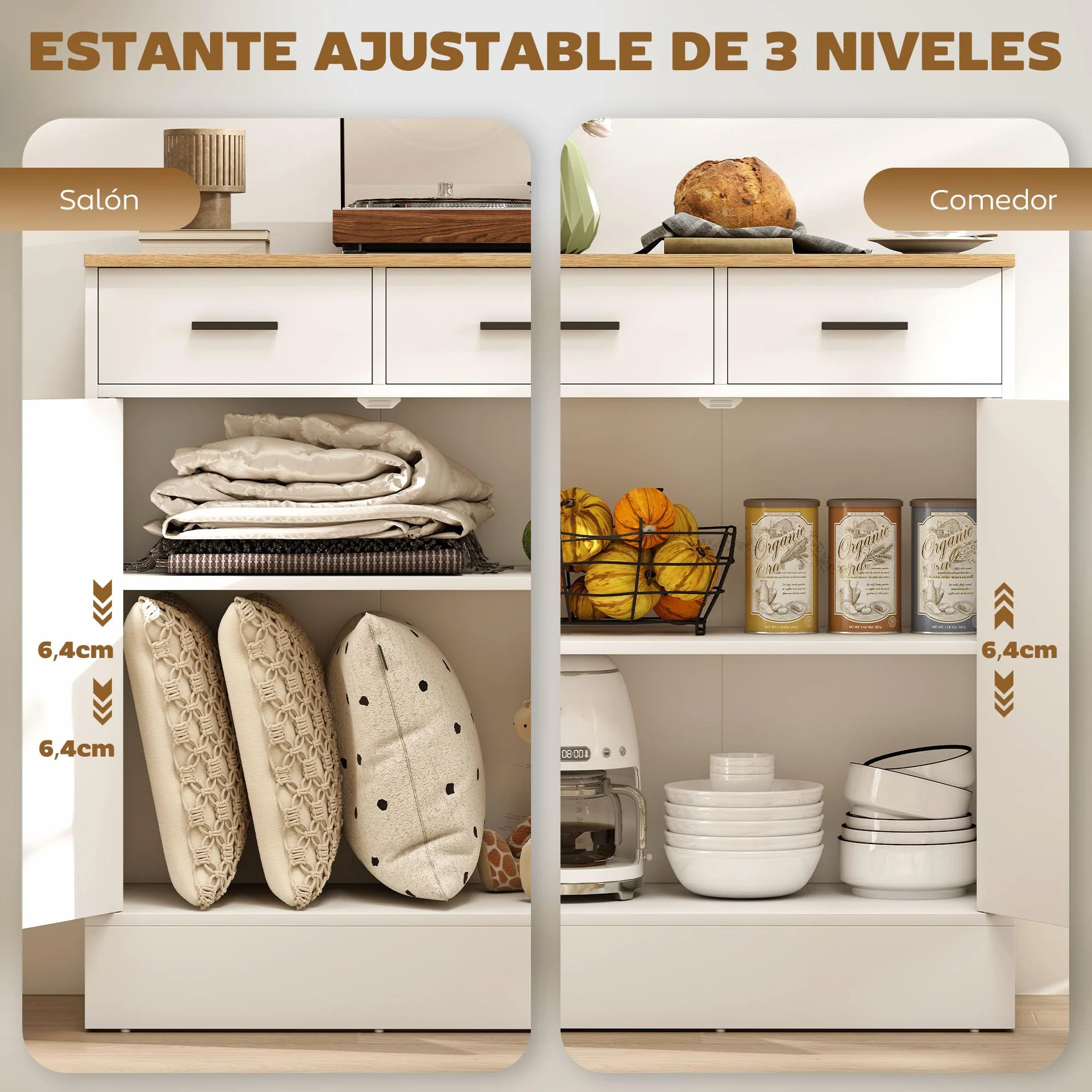HOMCOM Aparador de 2 Puertas, Aparador de Salón con 2 Cajones y Estantes Ajustables, para Cocina, Entrada, Dormitorio, Blanco y Natural, 68,6x35x90,3 cm