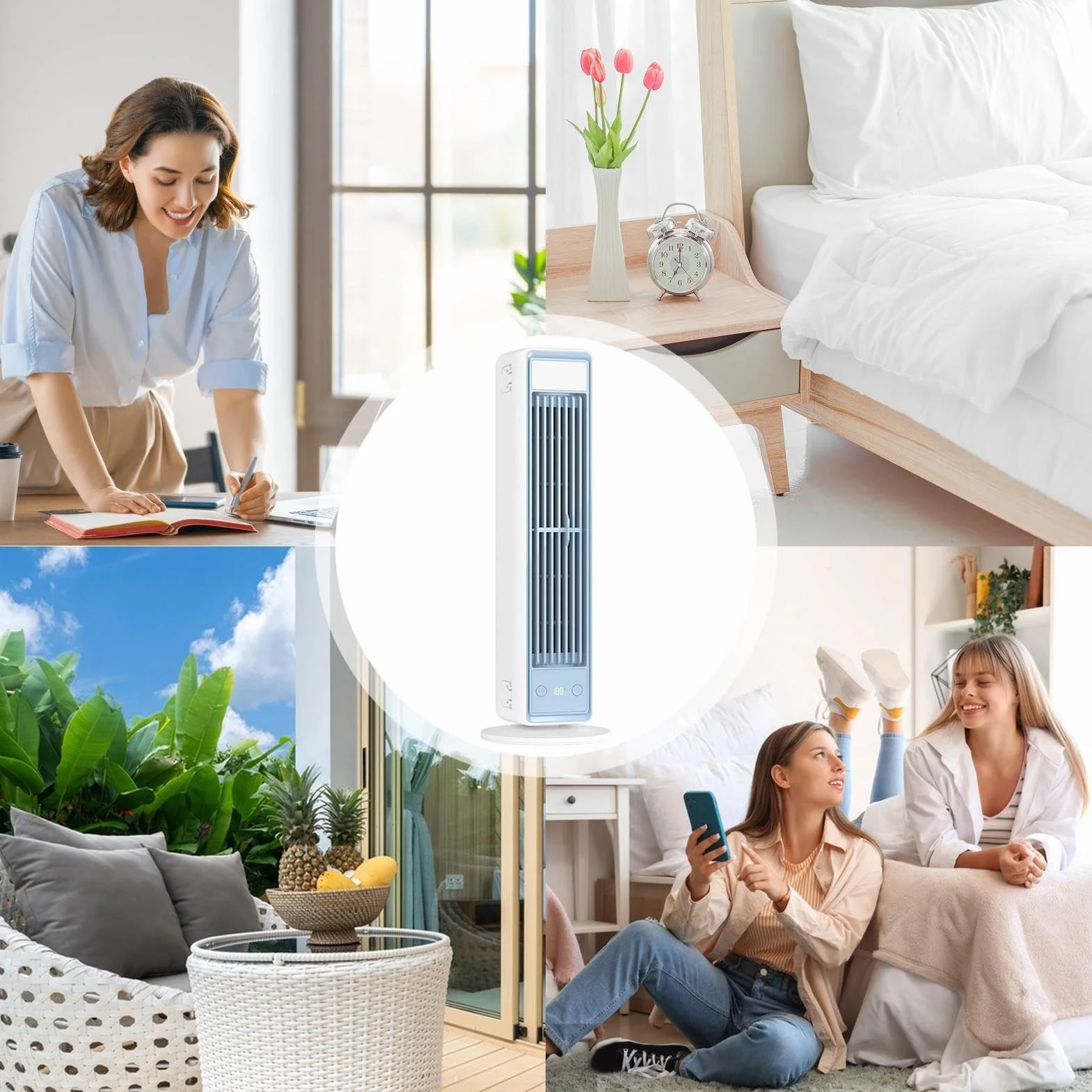Genérico Torre Inteligente 4 Velocidades Carga USB Oscilante | Ventilador de dormitorio para cocina garaje autocaravana casa salón interior exterior
