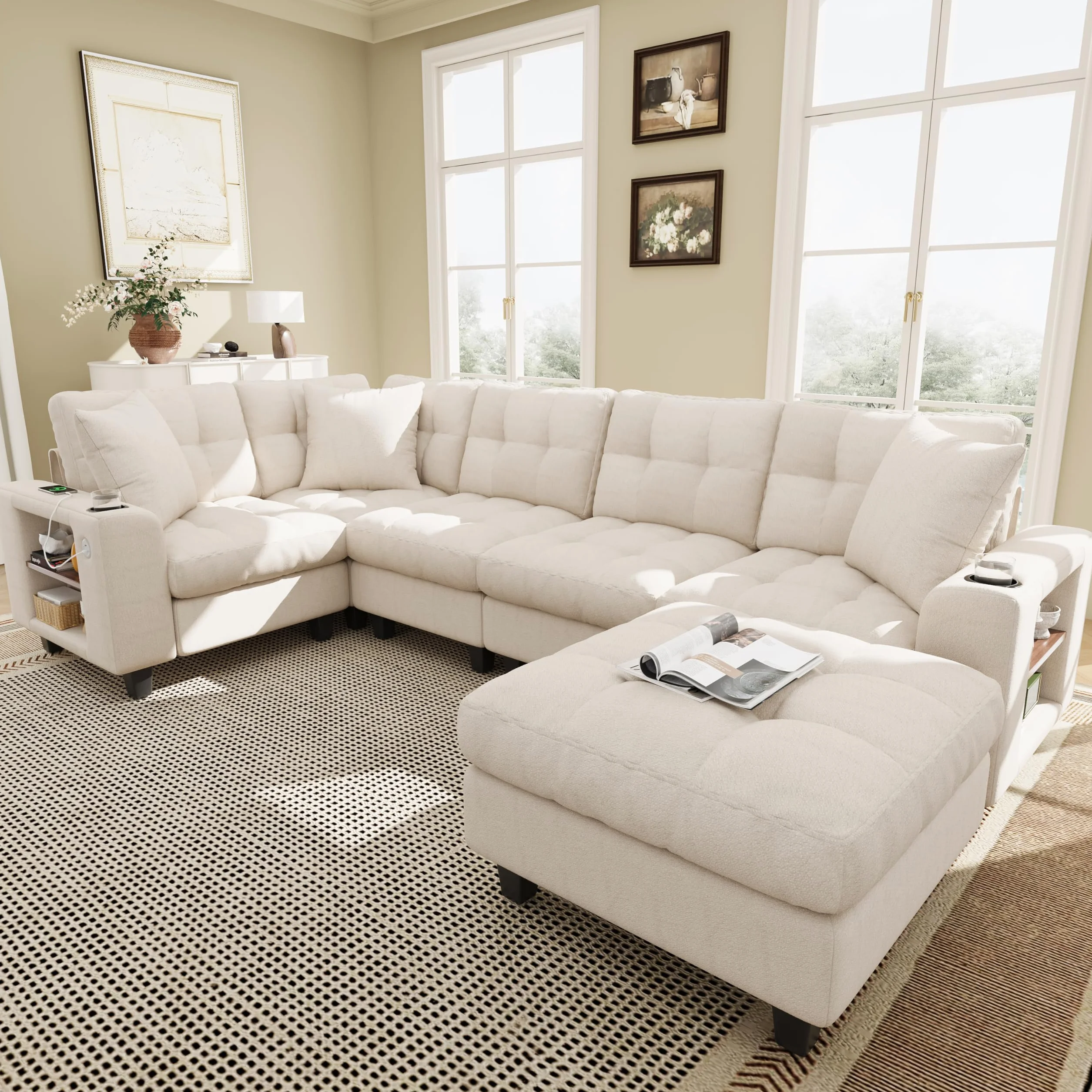 Sapgaks Sofá modular moderno de 6 plazas, con USB y portavasos, sofá de esquina modular muy grande en forma de U/L, con reposapiés extraíble y apoyabrazos con estantería, tela de chenilla, beige