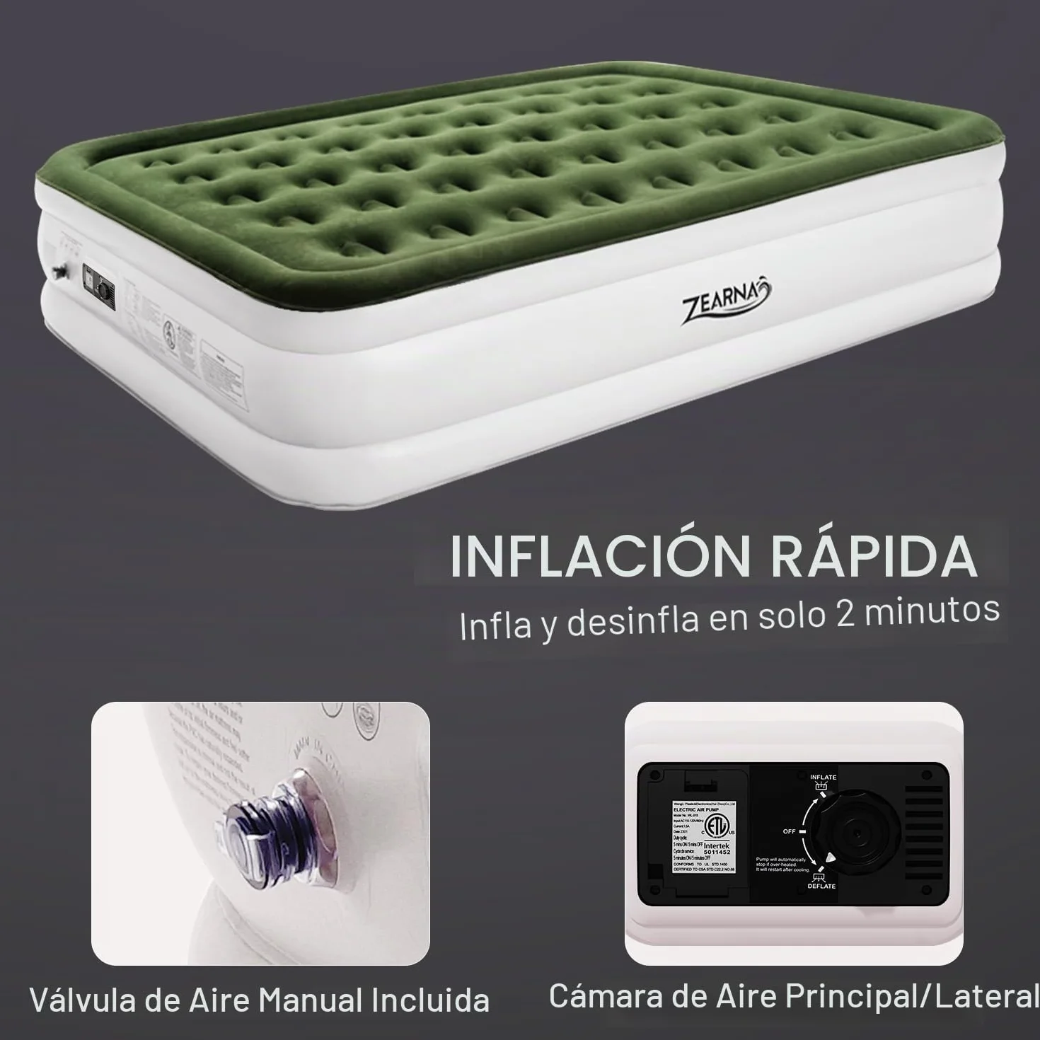 Zearna Colchón Hinchable Doble para 2 Personas, Cama de Aire Autoinflable Rápido en 3 Minutos con Bomba Eléctrica Integrada, Colchón Portátil para Invitados o Uso en Casa, Medidas 203x152x46 cm