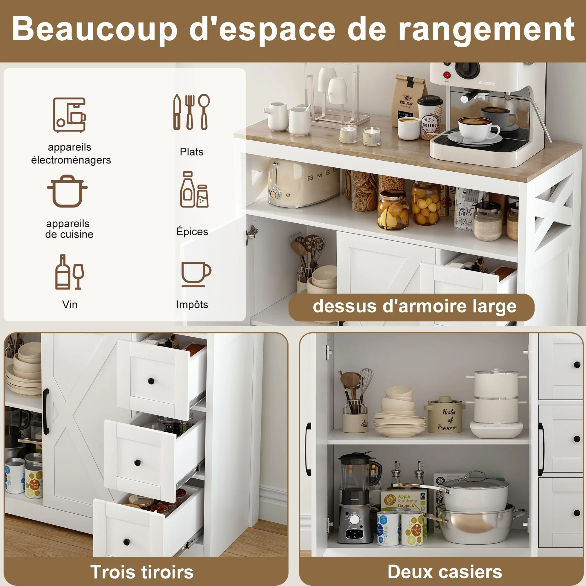 Aparador de cocina, mueble de almacenamiento con 4 puertas y estante ajustable, aparador moderno para comedor, armario de cocina para salón y comedor (100 x 40 x 105 cm)