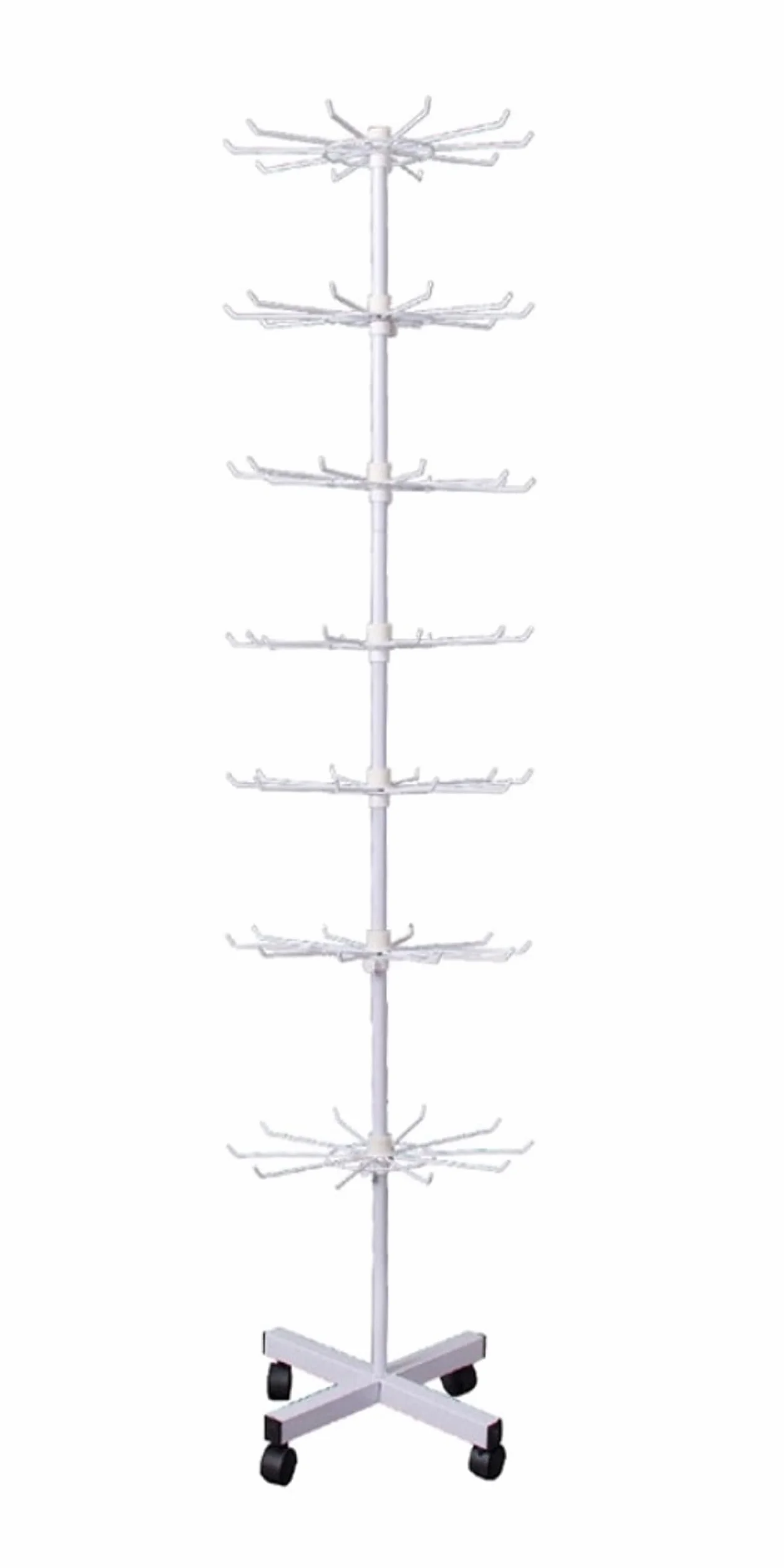 Expositor giratorio para tienda de 155 cm, soporte giratorio de 7 niveles con 70 ganchos de metal, decoración de tienda, soporte de artículos pequeños para tienda, color blanco