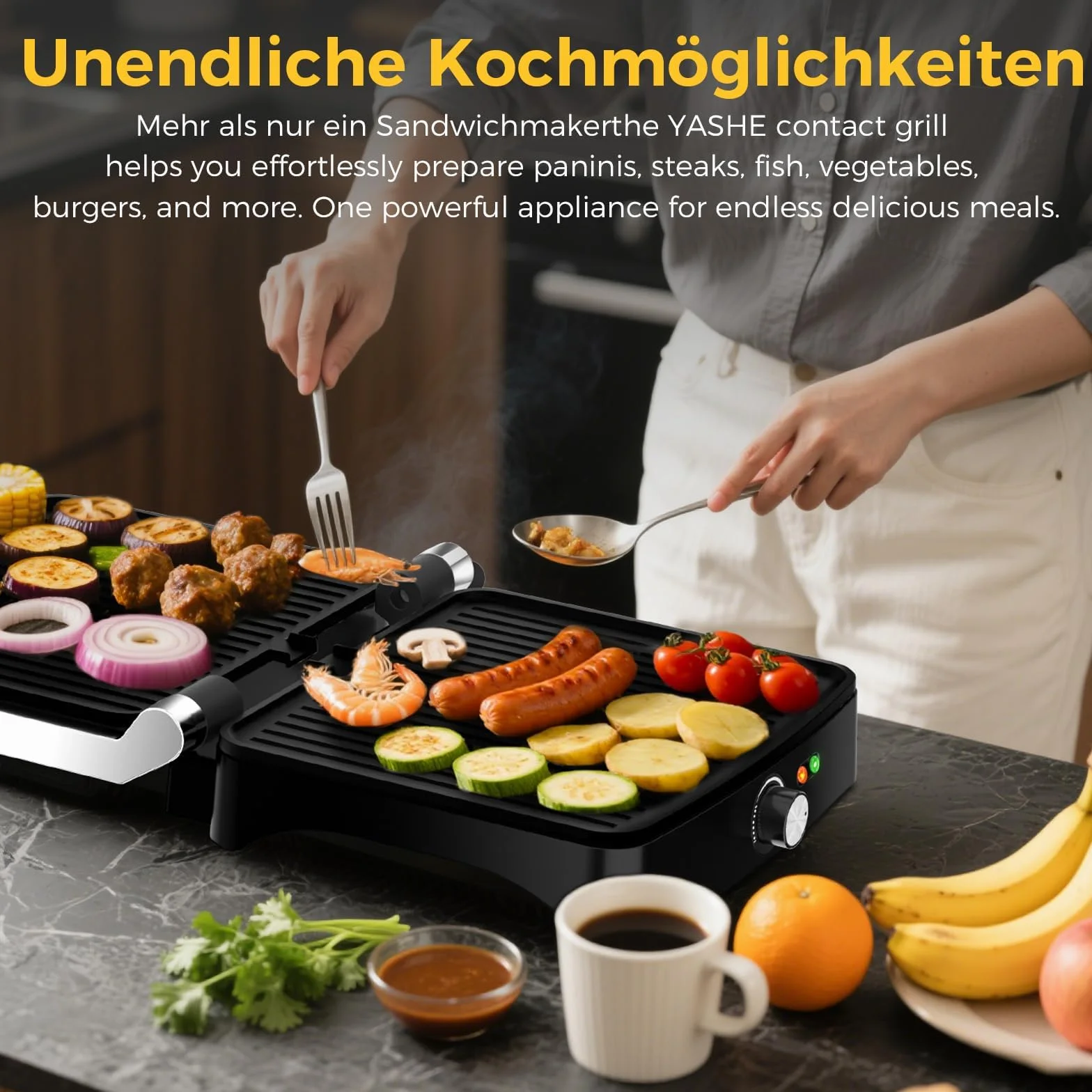 YASHE Parrilla de contacto, sándwich con regulador de temperatura, parrilla de mesa plegable de 180 grados, placa antiadherente, tapa de acero inoxidable, parrilla Panini para sándwich, carne y