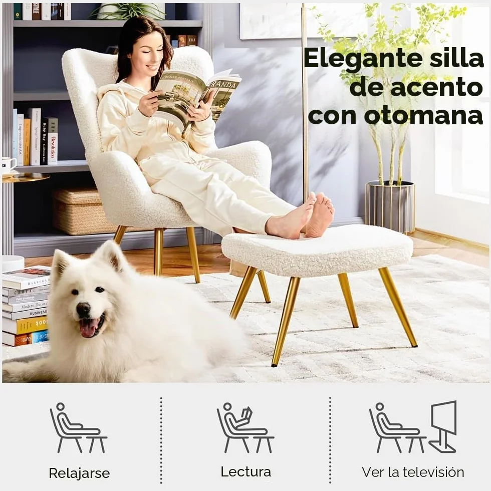 Yaheetech Sillón Orejero con Reposapiés Butaca de Salón Tapizada en Bouclé Sillón Lectura con Otomana de Respaldo Alto Ergonómico Soporte 136kg Ideal para Salón Dormitorio Oficina Marfil