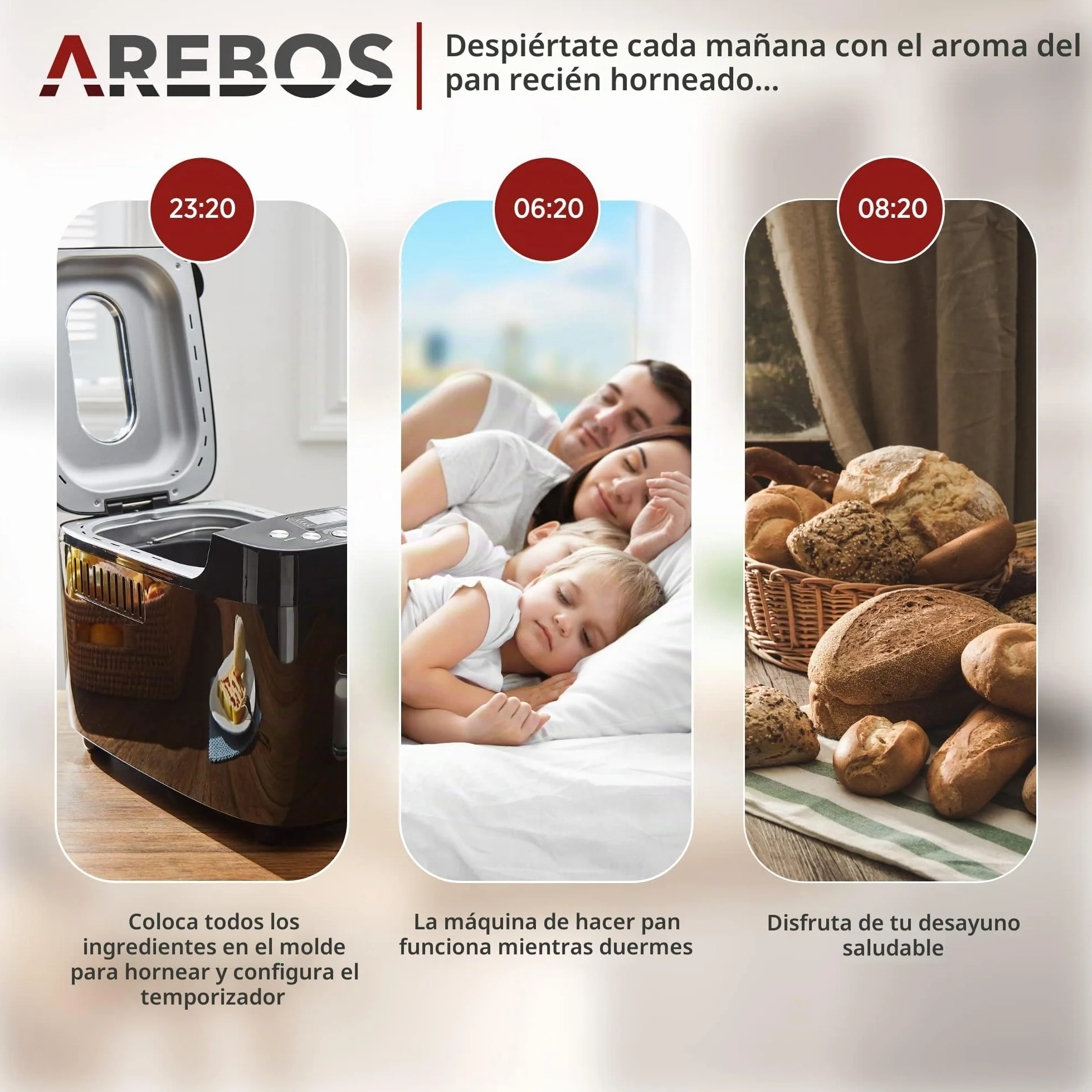 Arebos Panificadora 1500 g | con 15 programas | 2 ganchos para amasar | temporizador | pantalla LCD | 3 niveles de tostado y tamaños de pan | 850 W | Negro