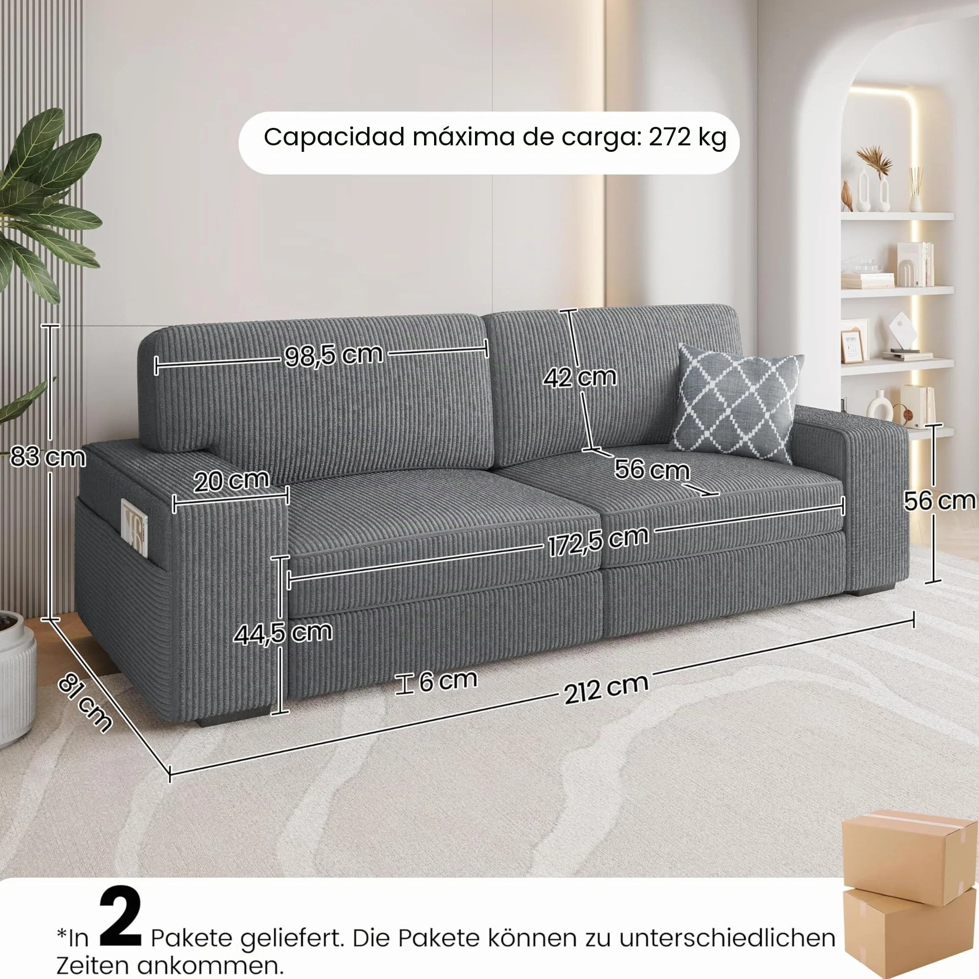 Yaheetech Sofá de 2 Plazas Tapizado de Pana de 212 X 81 cm Sofá con Cojines Extraíbles Sofá Moderno con Reposabrazos Anchos Carga MAX 272 KG para Salón/Dormitorio/Sala de Estar Gris Oscuro