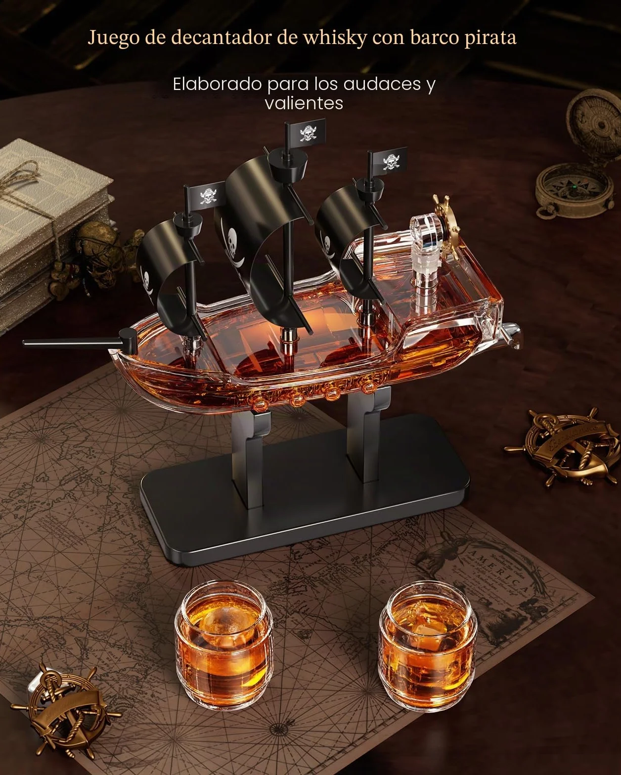 Kollea Regalos de cumpleaños para hombres papá, decantador de whisky con barco pirata, juego de 2 vasos, dispensador de licores para el bar en casa, ideas de regalo divertidas para él, novio