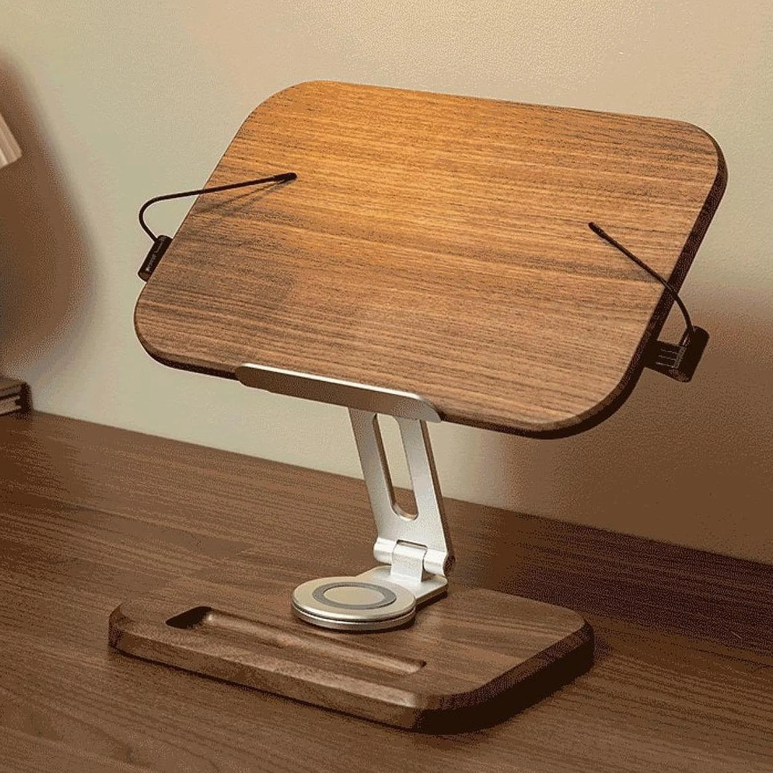 Atril de Lectura Soporte Giratorio para Libros Partituras y Portátil con Estructura de Madera y Metal de Adecuado para Oficina Cocina