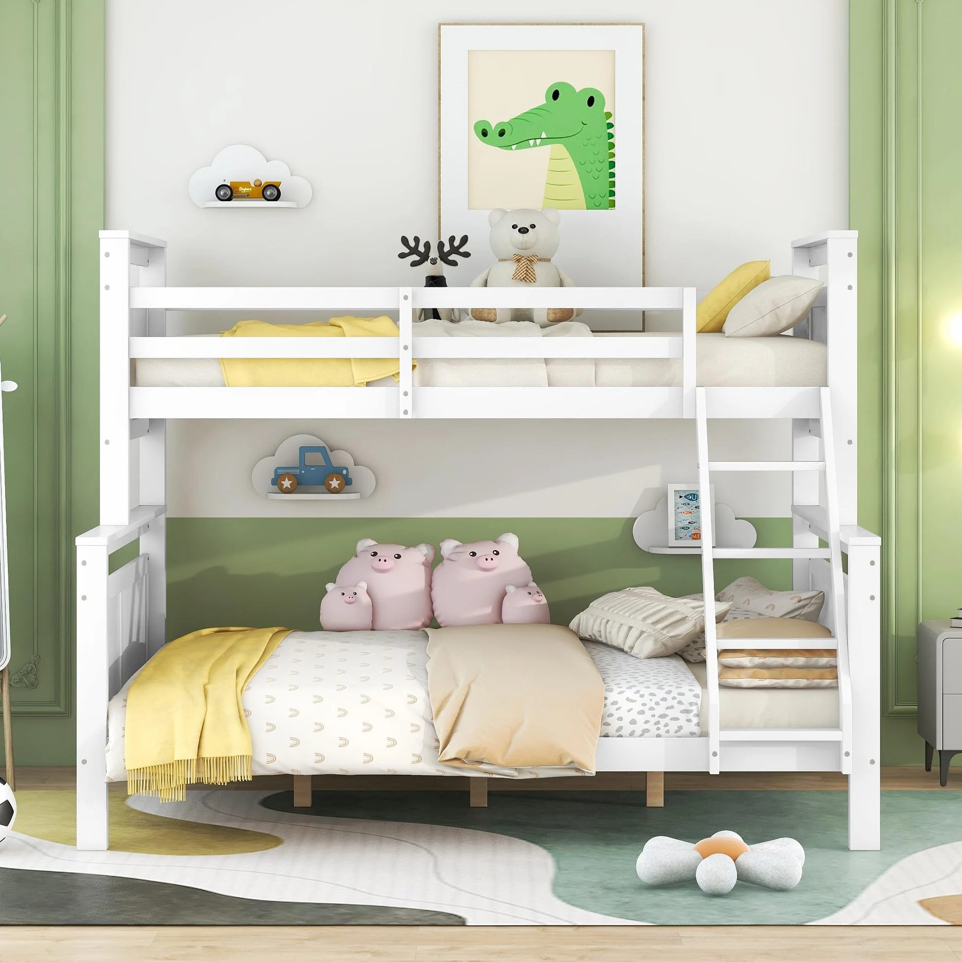 Cama de madera, litera con escalera y barandilla de seguridad, convertible en 2 camas individuales, cama doble, individual para niños, jóvenes y adultos (blanco)