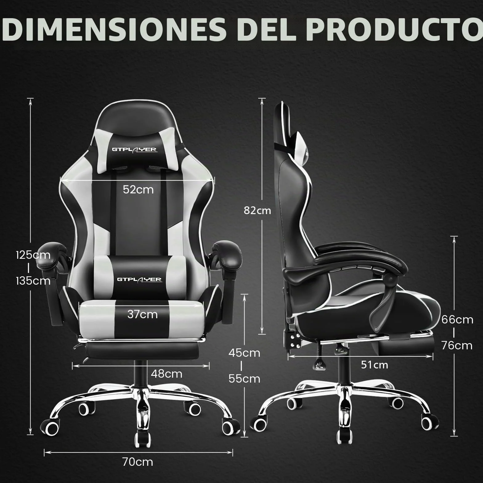 GTPLAYER Silla de Oficina para Gaming, Masaje, sillón, Silla ergonómica para Gamer, con reposapiés, reposacabezas, cojín Lumbar, Acolchado, Silla giratoria, Color Blanco