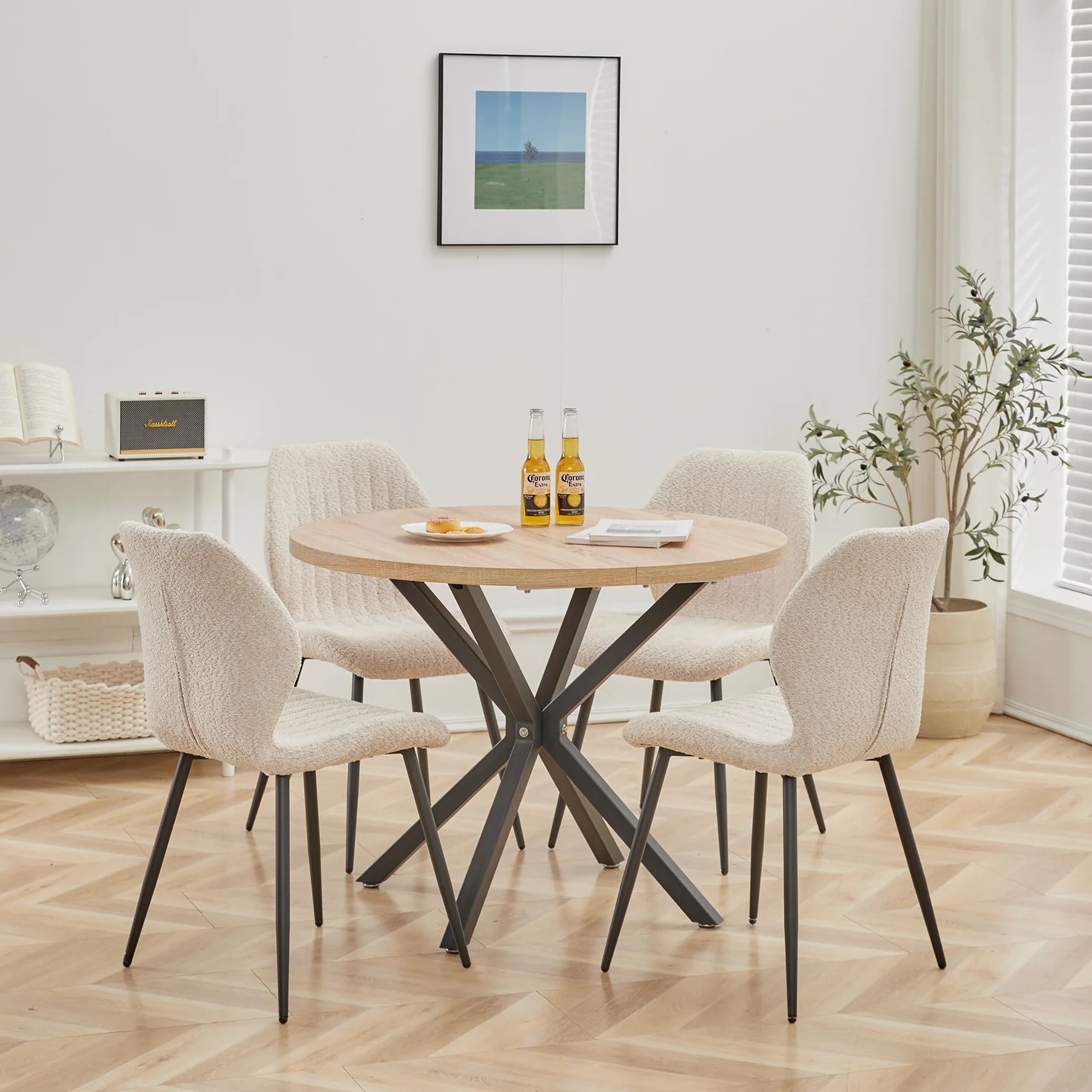 Juego de Comedor Mesa Redonda 100cm y 4 Sillas, Mesa y Sillas de Comedor para Comedor, Cocina y Salón (Madera Claro+Caqui)