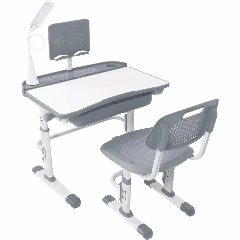 Yinleader Kids Juego de escritorio y silla ajustable con lámpara protección visual, soporte libros, escritorio basculante para escribir leer dibujar gris