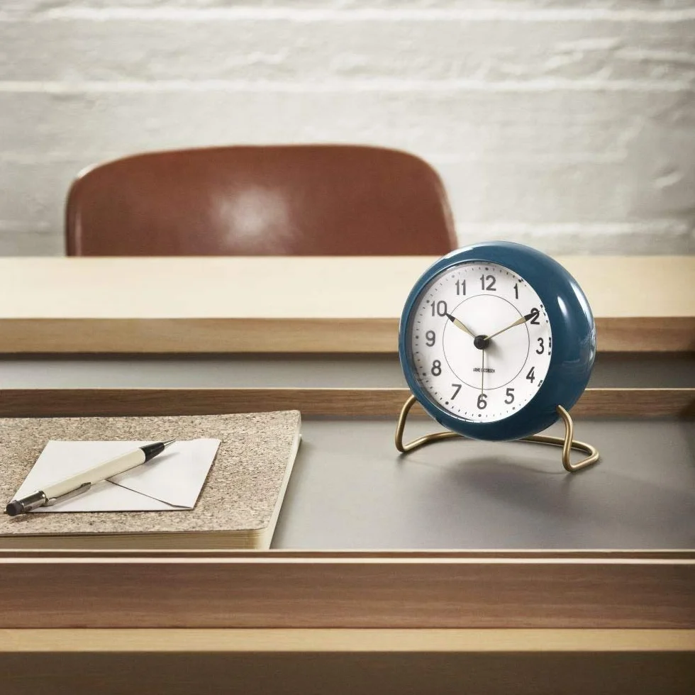 Arne Jacobsen Reloj de Mesa, diámetro de 11 cm, diseño Original, función de repetición, Color Azul