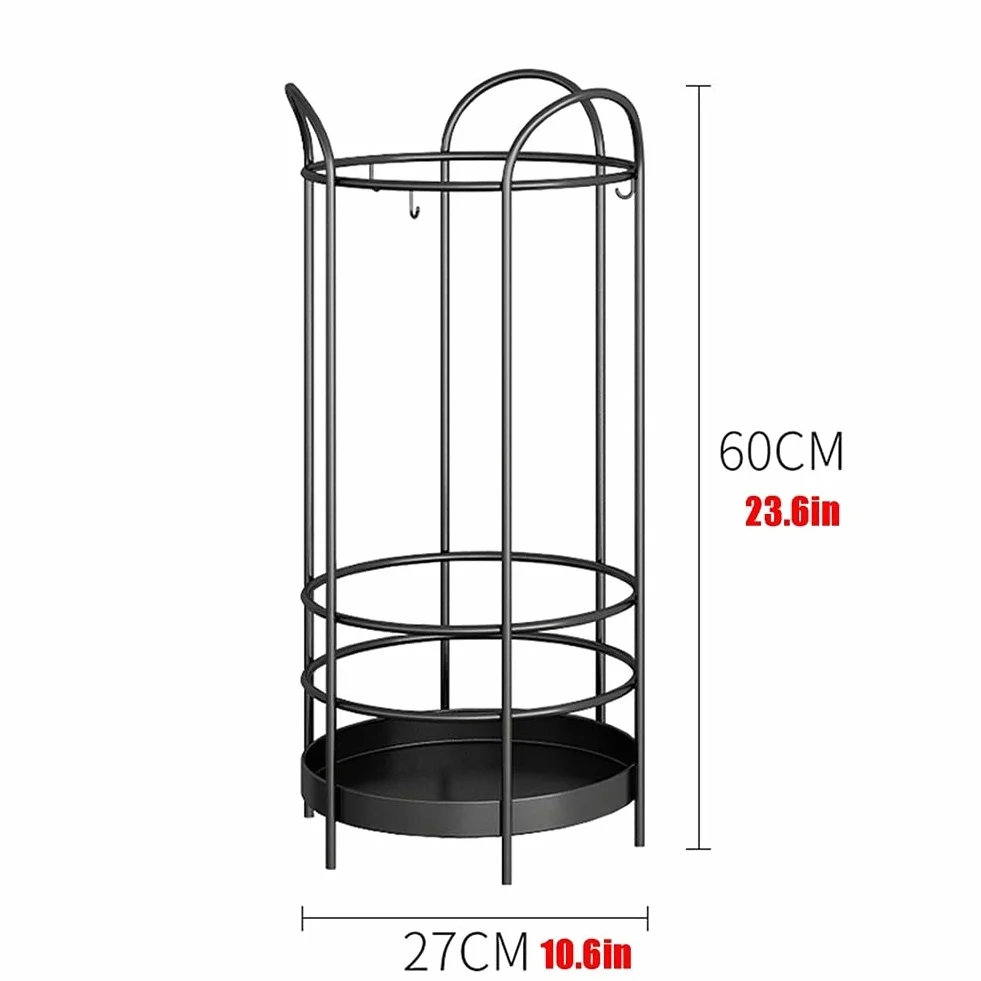 Paragüeros de Metal para Interiores, Cesta de Almacenamiento con Gancho y Bandeja de Goteo, Ahorra Espacio en la Entrada (Color Negro)
