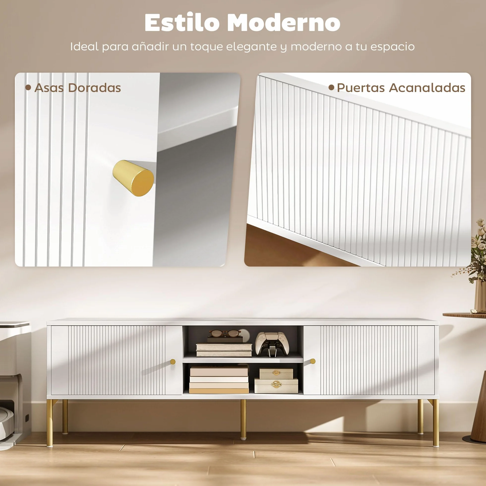 HOMCOM Mueble de TV Moderno de 2 Puertas, Mesa TV para Salón con 2 Estantes Abiertos Ajustables, Orificios Pasacables, Patas de Acero, para Televisión 65 Pulgadas, 140x38x45,9 cm, Blanco