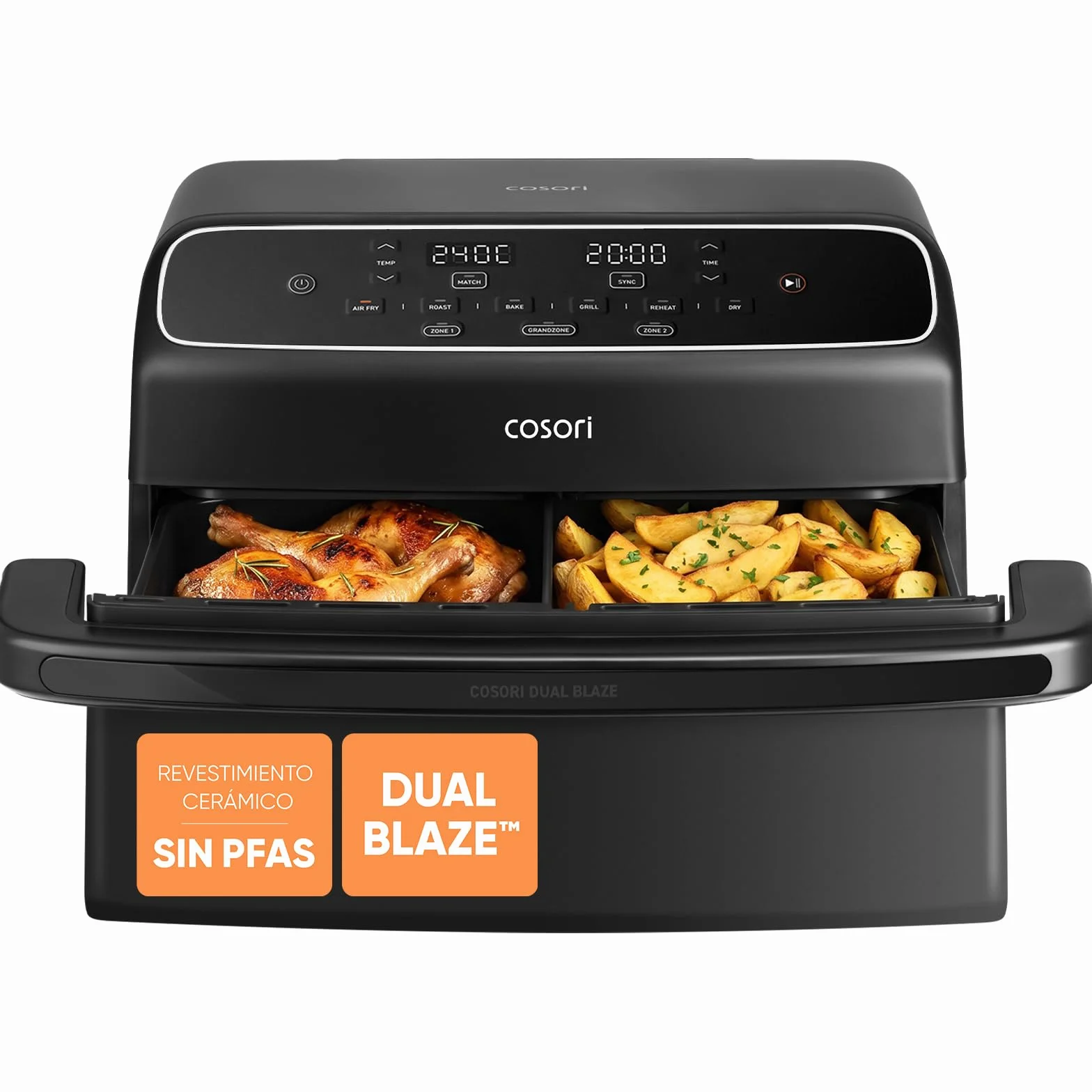 Cosori Freidora de Aire 8,6L Dual Blaze TwinFry Compact, sin PFAS ni Teflon | Revestimiento Cerámico sin PFAS, Tecnología Dual Blaze™, Divisor para 1 o 2 Zonas, Modos SYNC&Match, 6 Funciones, 2700W
