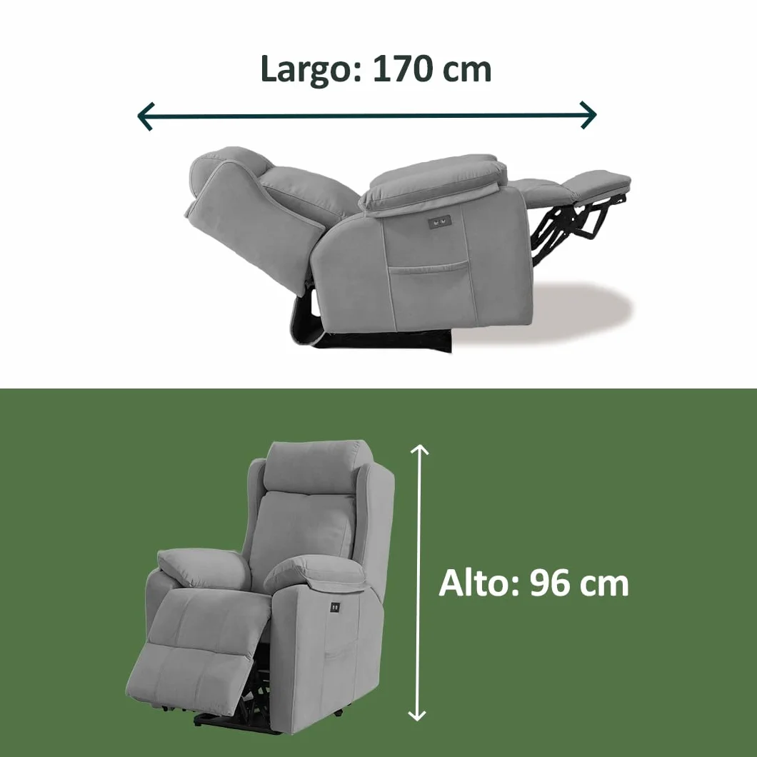 Genérico Sillon Relax Reclinable Electrico, Gravedad Cero | Desenfundable, Botonera Cromada con Puerto USB | Madera de Pino | Sillones Reclinables | Relax | Silla Sofa | Electrico Moderno | Gris