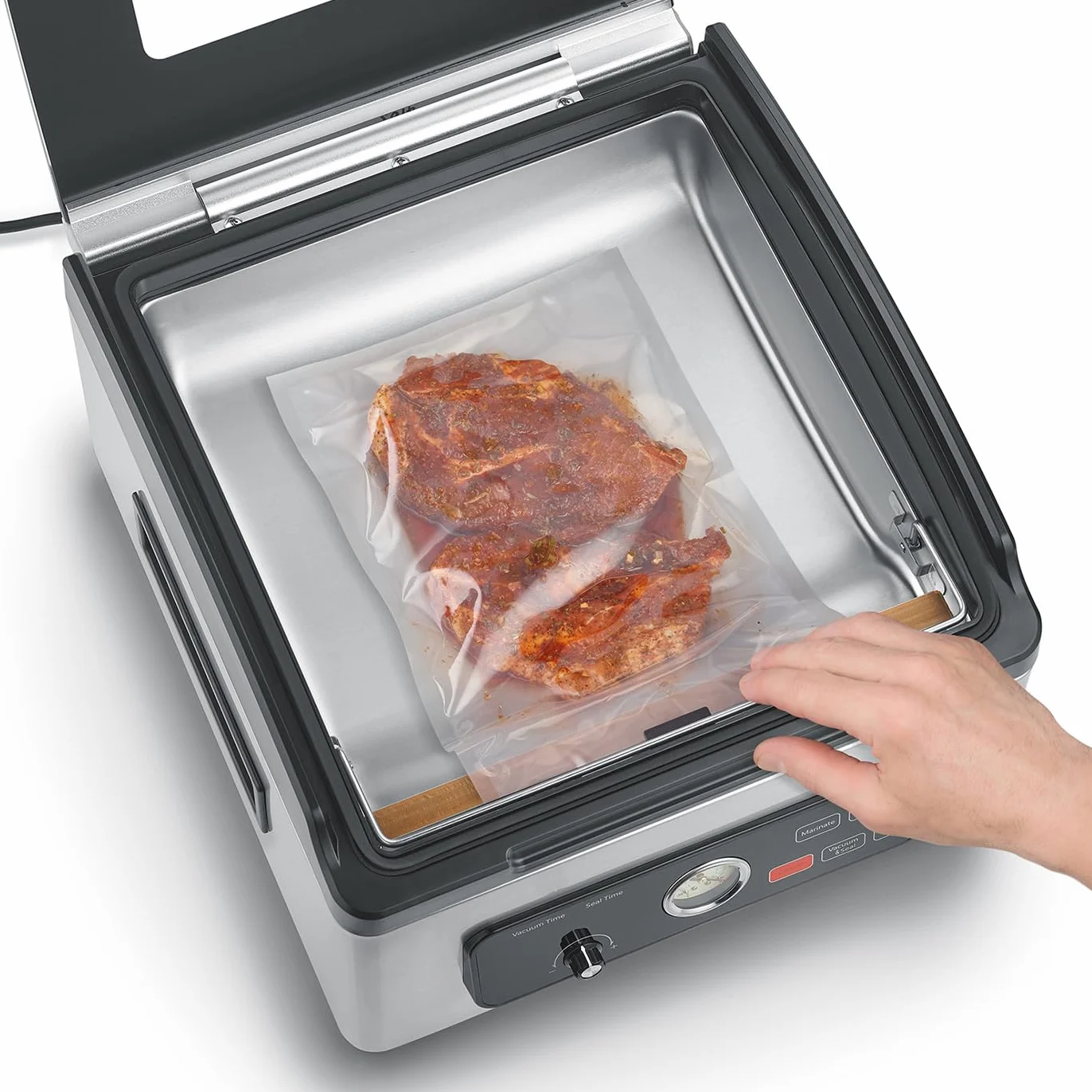 CASO VacuChef 700 - Sellador al vacío de cámara de acero inoxidable de 8 litros, fuerte bomba de vacío profesional de 70 litros/minuto, tapa de vidrio templado, para alimentos