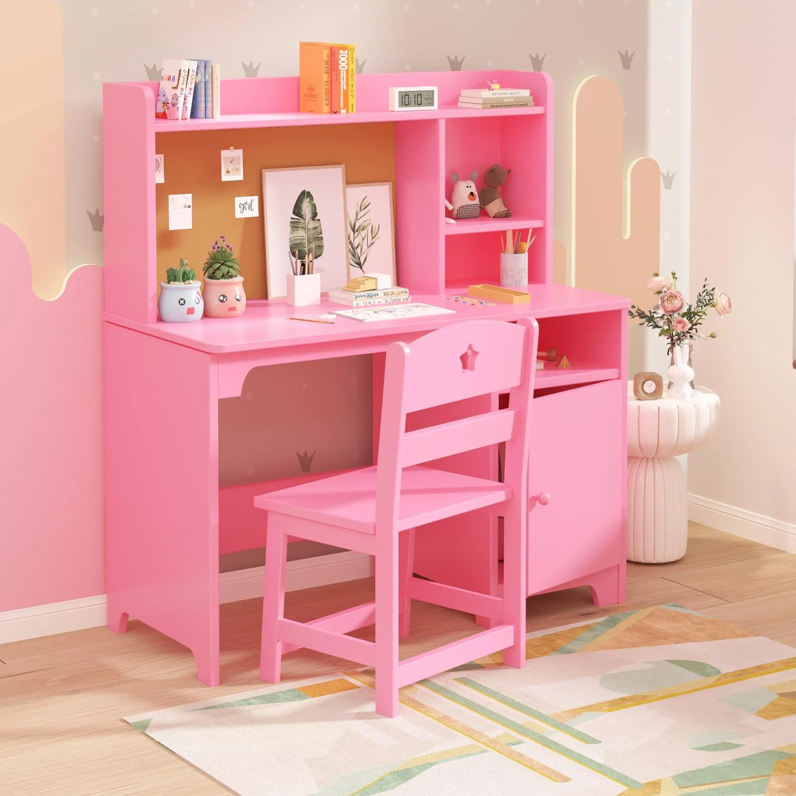 Escritorio Infantil de Madera con Silla y Estanterías, Mesa de Aprendizaje Multifuncional