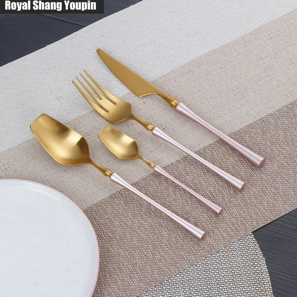 Exquisito Pequeño Cintura Bárbara Oro Rosa Cocina Cubiertos De Acero Inoxidable Vajilla Cubiertos Hogar Restaurantes Banquetes Filete Cuchillo Y Tenedor Cuchara De Ensalada (16 piezas)
