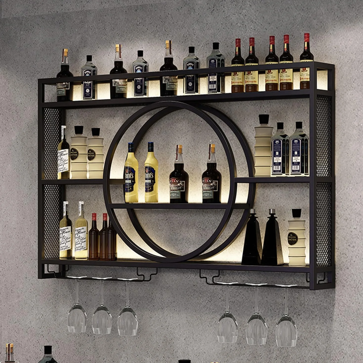 Estantes de vino colgantes de pared metálica modernos, estantes de Hierro de Tres Pisos, Colgante de pared estante de vino,Adecuado para familias, Bares, restaurantes y cocinas, Negro,100x15x80cm