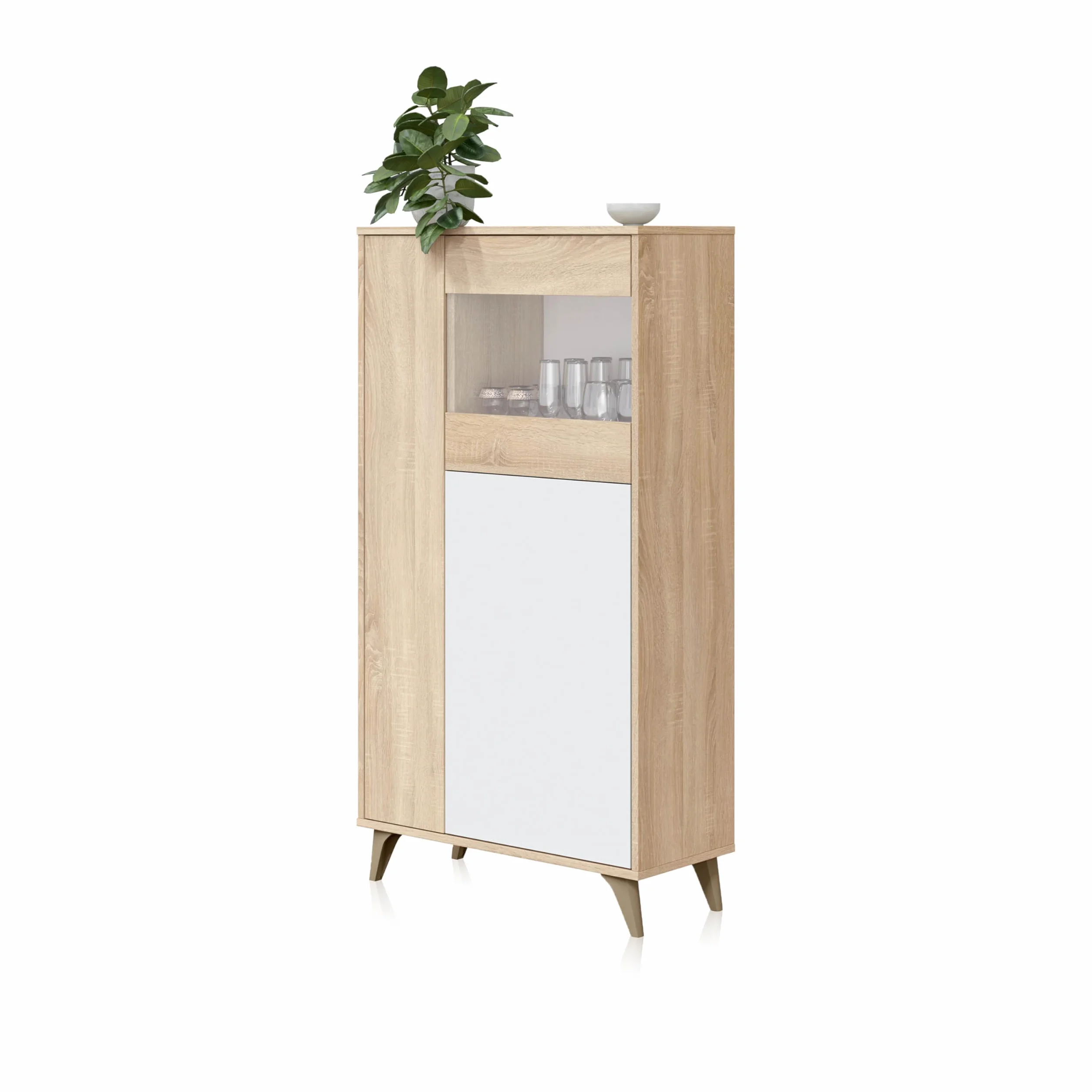 duehome | Vitrina con 3 Puertas, Bueffet para salón, Modelo Lira, Acabado en Blanco Artik y Roble Canadian, Medidas: 77 cm (Ancho) x 142 cm (Alto) x 33 cm (Fondo)