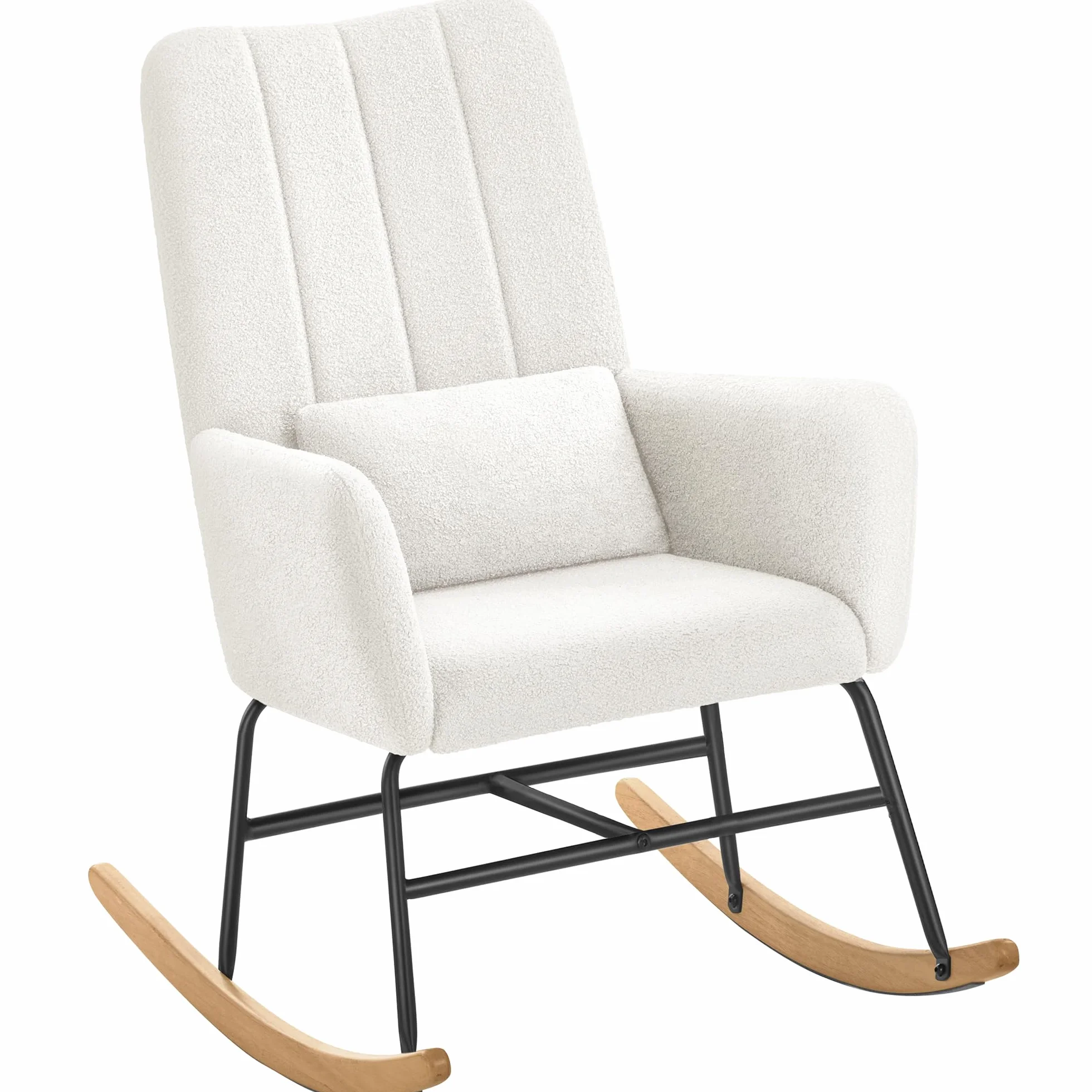 SONGMICS HOME Silla Mecedora, con Reposabrazos, Reclinable, Cubierta de Vellón, Marco de Acero, Patas de Madera de Caucho, Carga de 160 kg, para Dormitorio, Salón, Blanco Crema LYY500W01