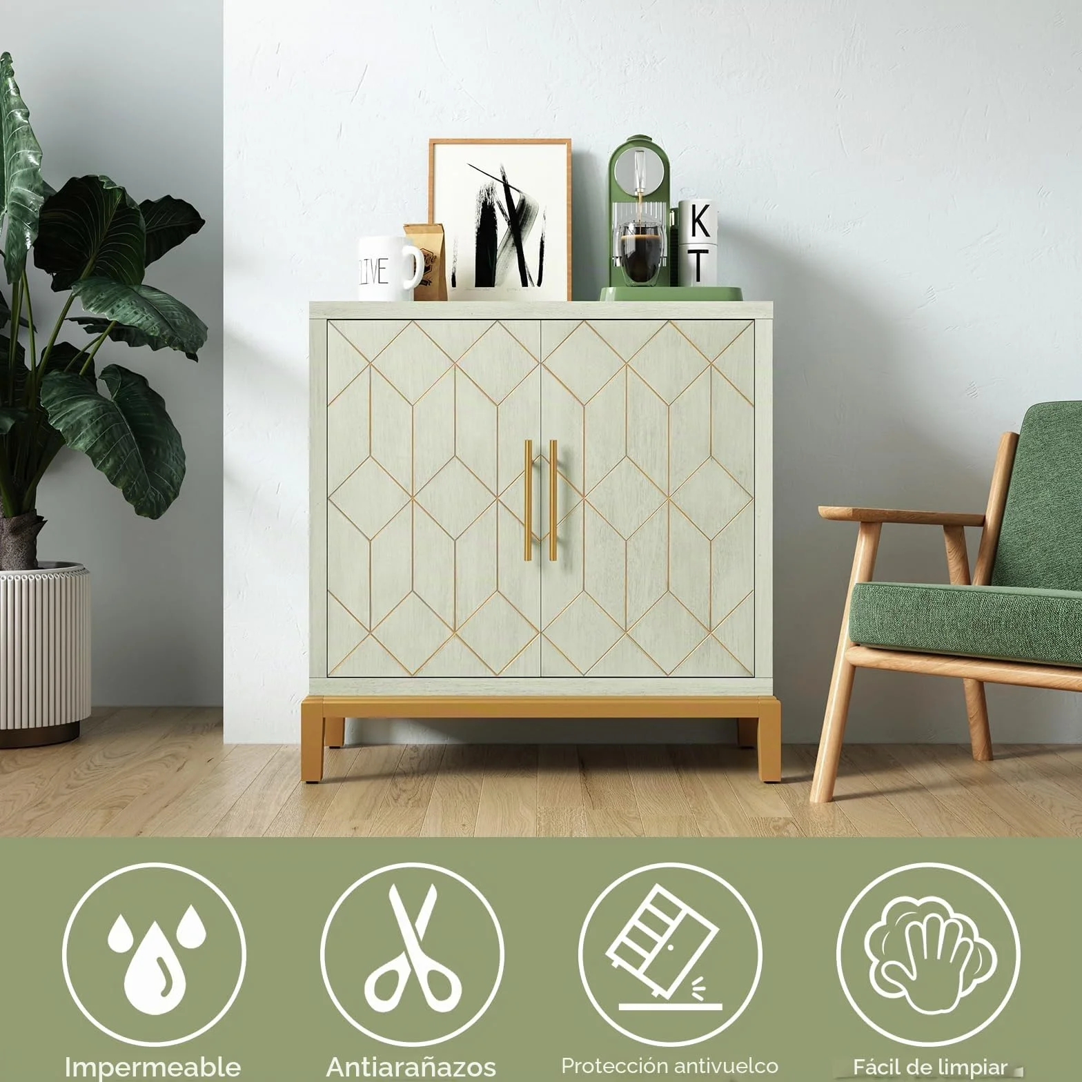 HOLTICO Armario de cocina, armario de baño, armario de salón, armario verde con estante ajustable, armario independiente para cocina, baño, salón, garaje, líneas doradas y patas