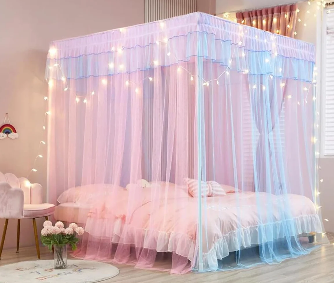Cortinas con dosel de princesa para niñas, mosquitera, accesorios de decoración de dormitorio (arcoíris, King, 1 toldo de cama + marco de toldo)