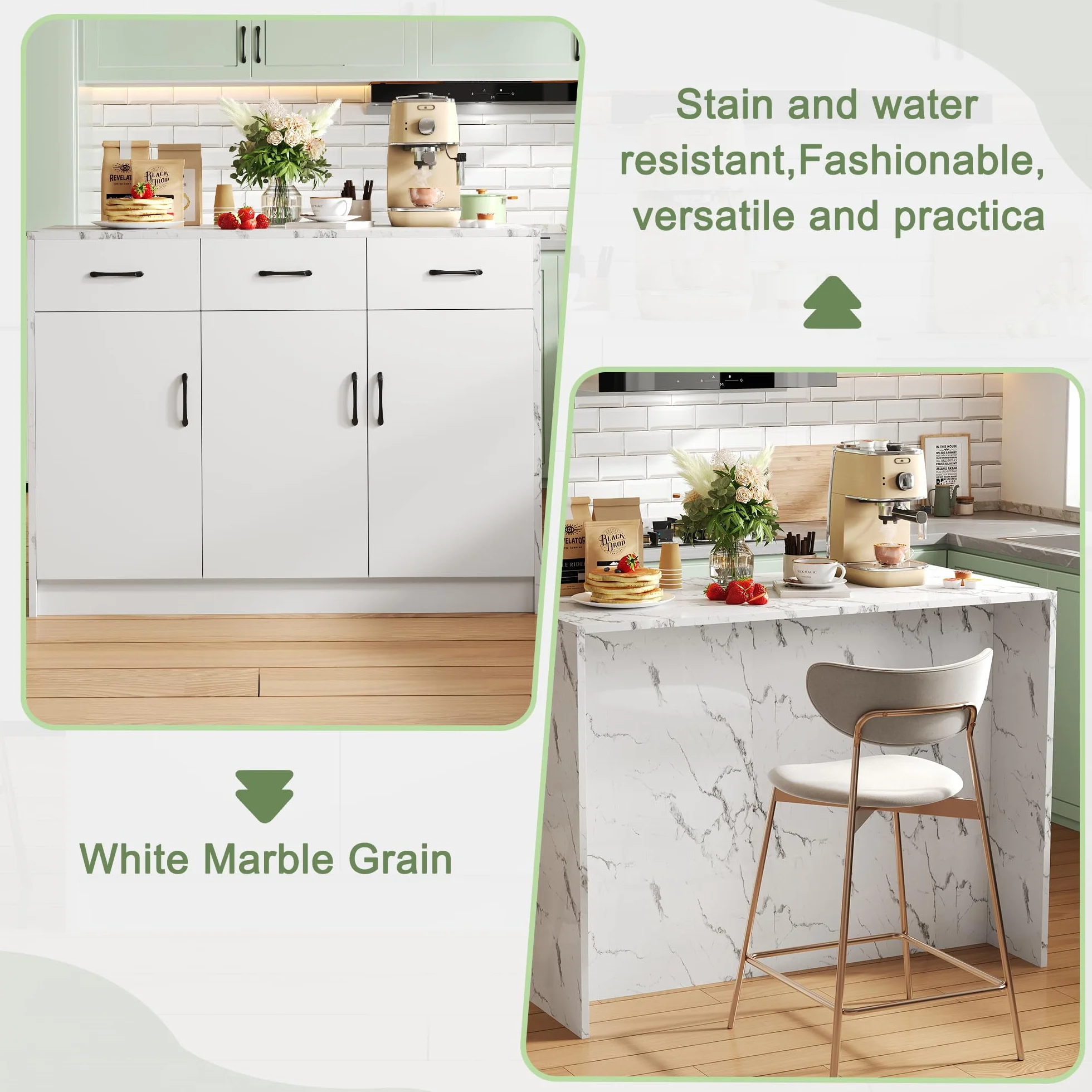 Isla de cocina grande 120 x 60 x 90,5 cm, 3 cajones y 3 puertas, diseño de mármol blanco, estantes ajustables, cajones silenciosos, diseño de área de bar - Utensilios de cocina elegantes y prácticos