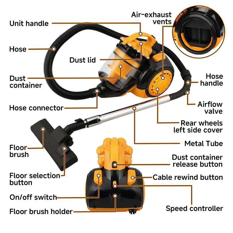 Hoteche Aspirador sin bolsa 2000W - amarillo, contenedor de polvo 3L, embalaje colorido