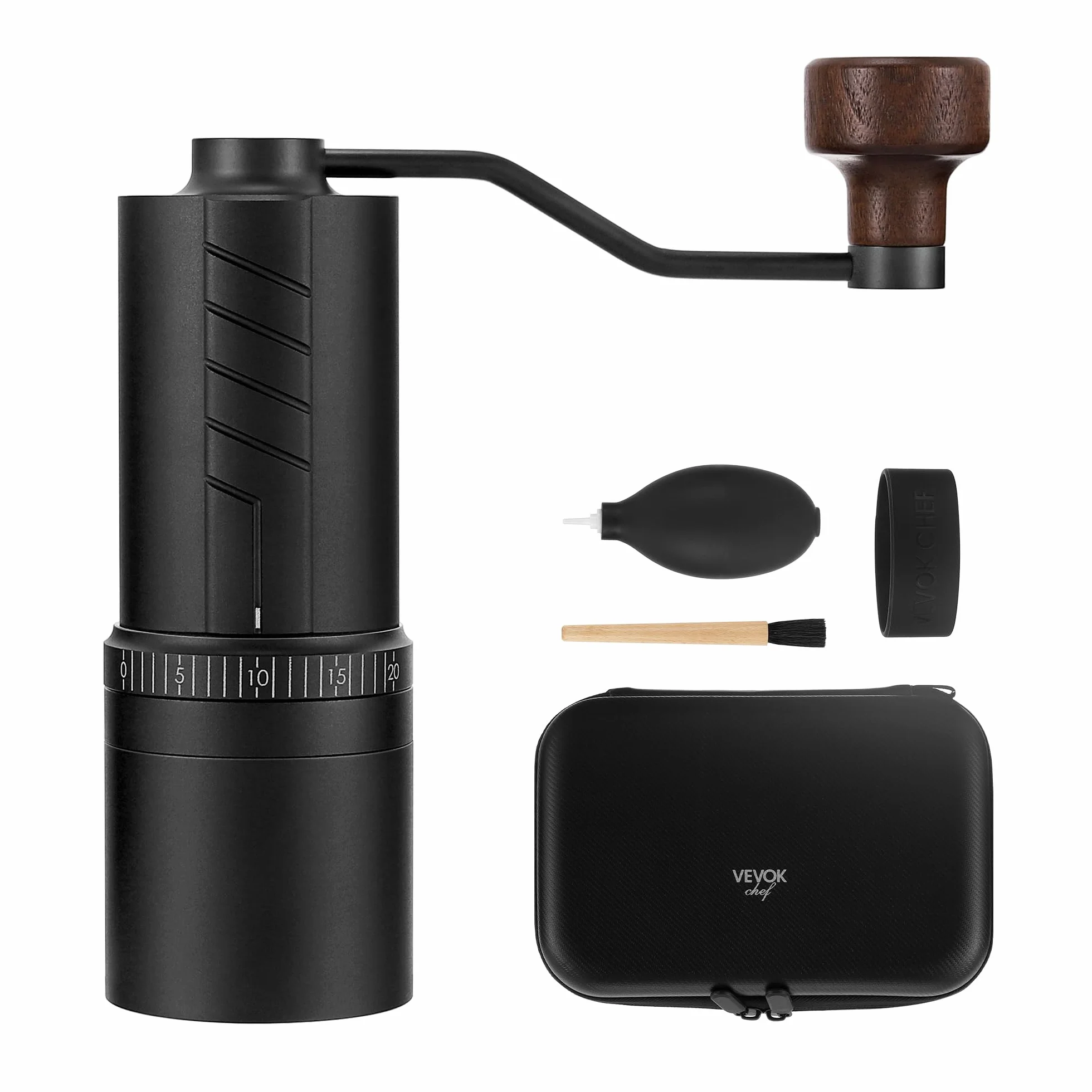 Vevok Chef Molinillo de café manual O20 – 20 niveles de ajuste externo, capacidad de 35 g con estuche de viaje y equipo de limpieza, molienda consistente, molinillo de café de mano de acero inoxidable