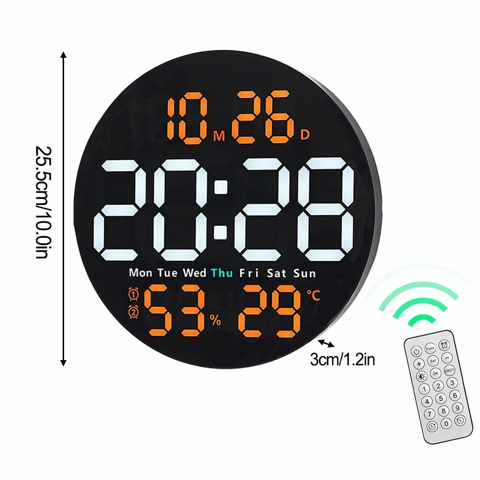 DAZZLEEX Reloj de pared digital LED de 10 pulgadas con alarma de temperatura e higrómetro, reloj electrónico multifuncional para el hogar con temperatura y humedad reloj silencioso (naranja)