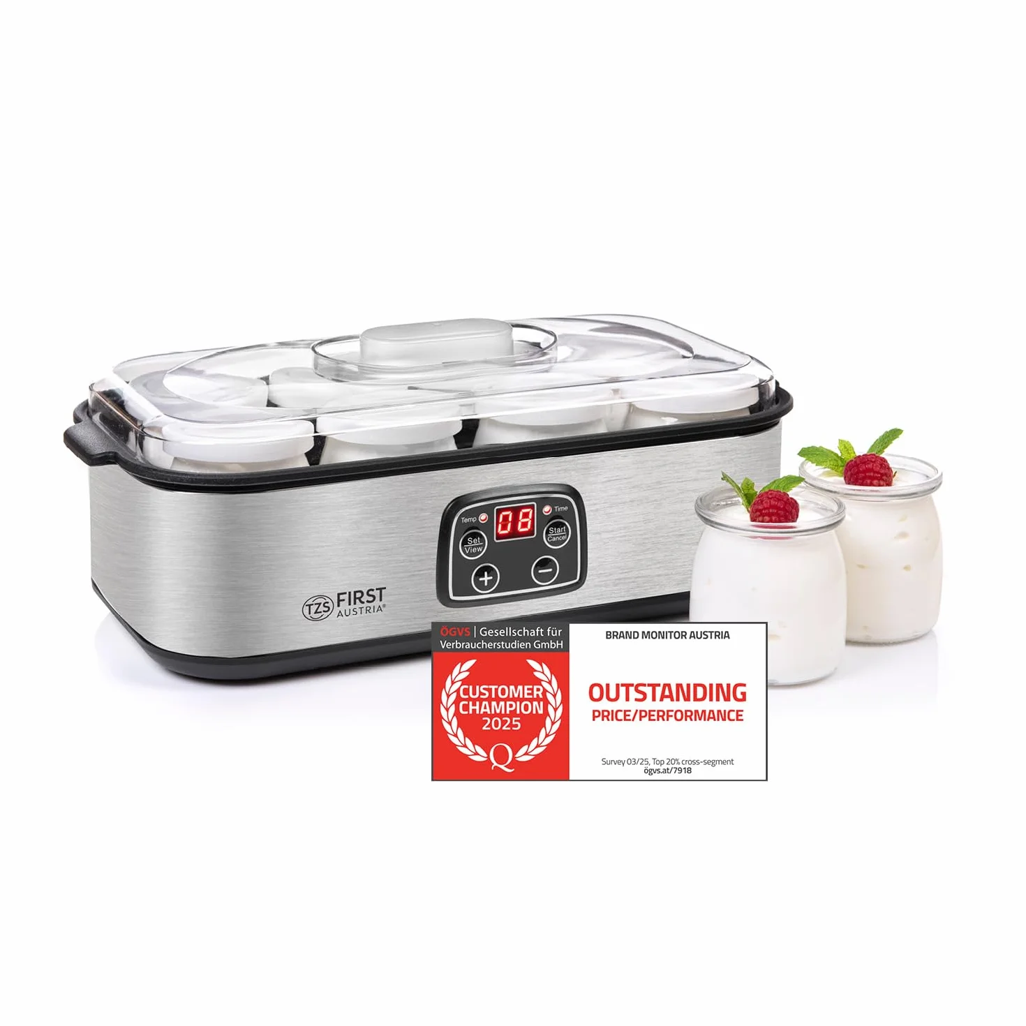 TZS First Austria - Yogurtera eléctrica 25W con 8 vasitos de vidrio de 180 ml para hasta 1,4L de yogur casero - Con temperatura de 20-55°C, apagado automático y pantalla LCD - Blanco