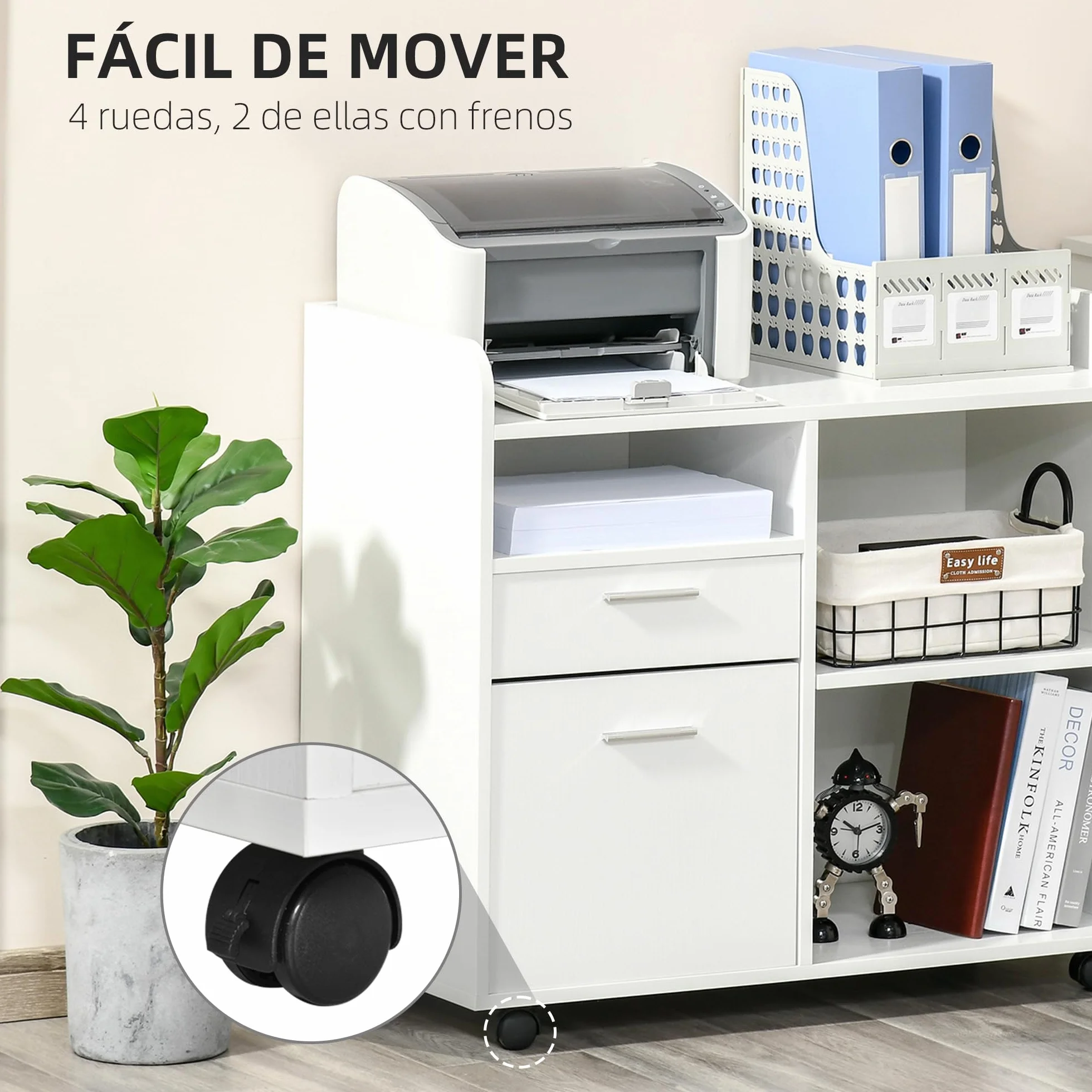 Vinsetto Mueble de Impresora Carro Multifuncional de Oficina con 3 Compartimentos 2 Cajones para Archivos Estante Ajustable Ruedas con 2 Frenos 80x40x72 cm Roble