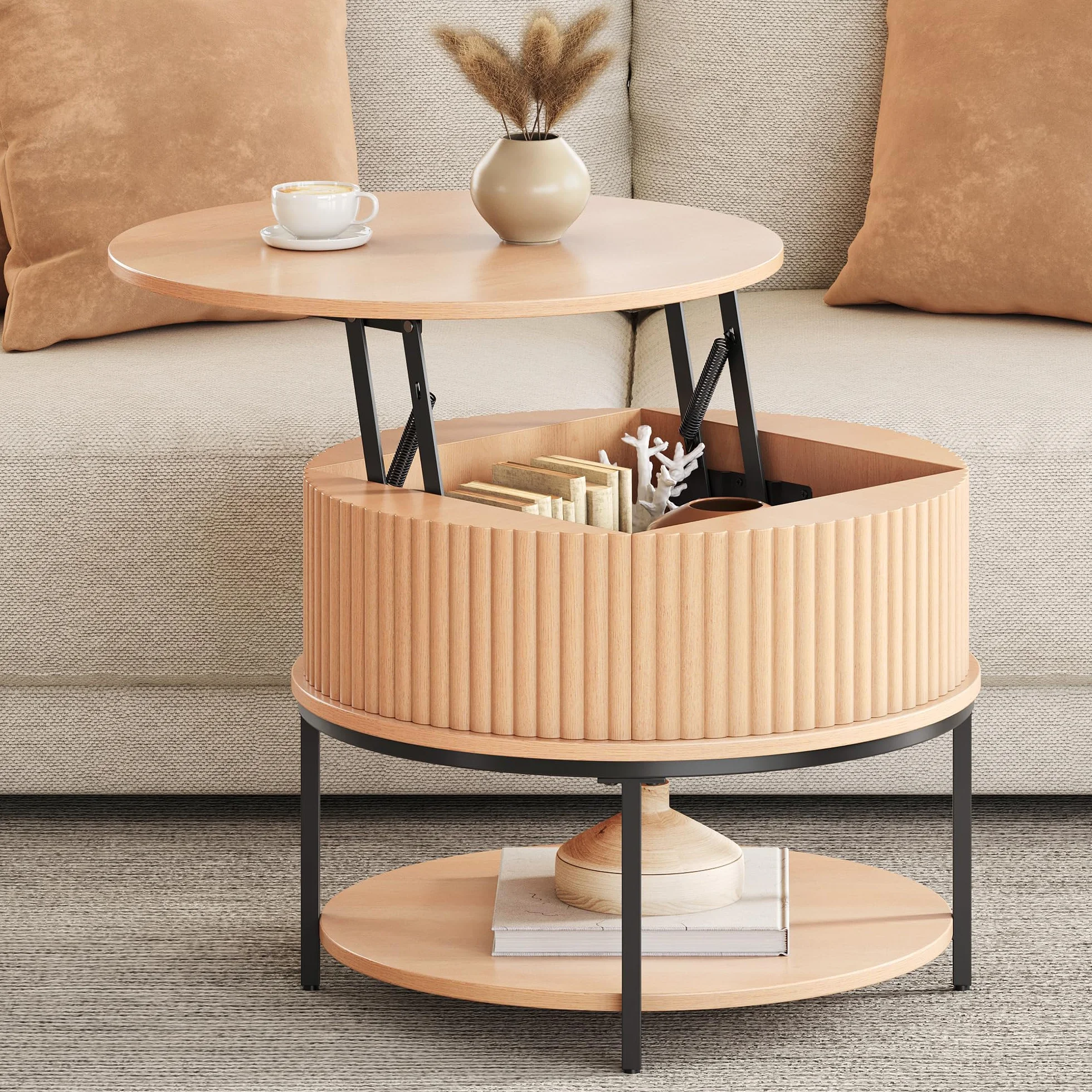 YITAHOME Mesa de Centro Elevable, Mesa Centro Redonda con Espacio de Almacenamiento de Dos Niveles, Mesa de Café Acanalada con Diseño Acanalado y Almacenamiento Oculto para Salón, Color Roble