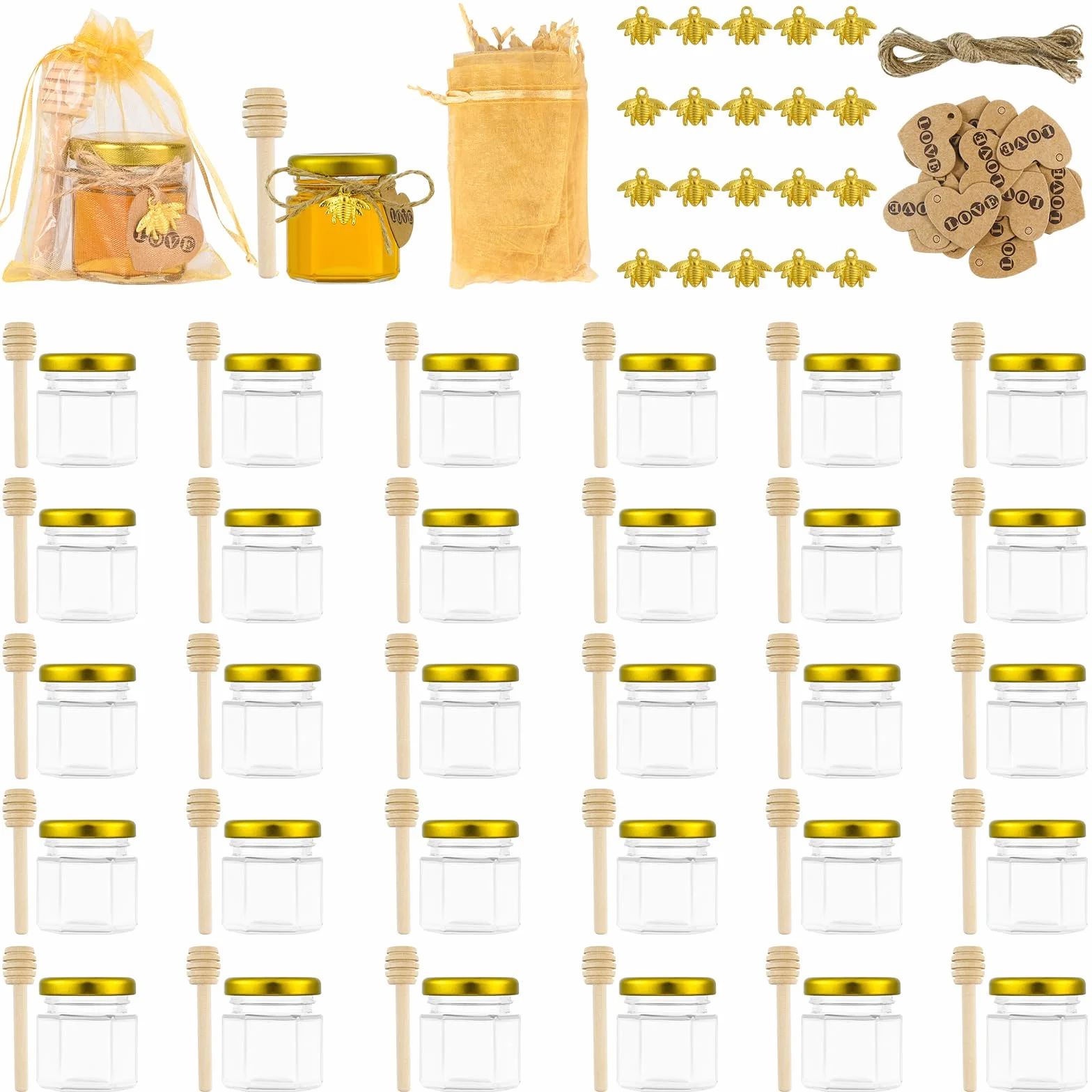 30pcs 45ml Mini Hexagonales Tarros de Miel de Cristal con Cucharones de Madera, Colgantes de Abejas, Bolsa de Cuerda, Etiquetas de Papel Kraft, Cuerda de Cáñamo, Perfectos Babyshower, Regalos de Boda