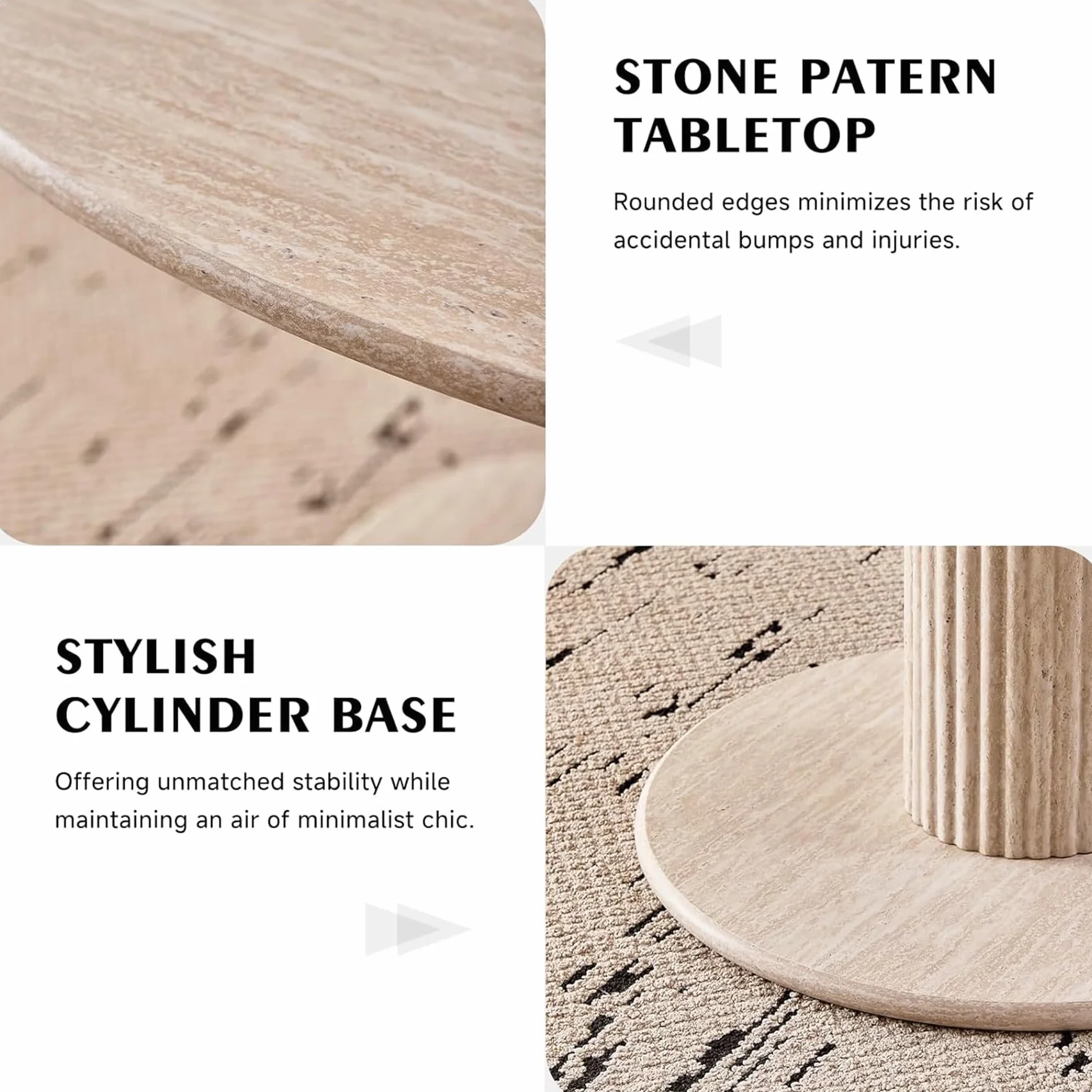 Juego de Mesa de Comedor Redonda con 4 Sillas, Conjunto Mesa (Textura de Travertino Amarillo) y Sillas de Comedor para Cocina, Restaurante y Oficina (Negro+Beige)