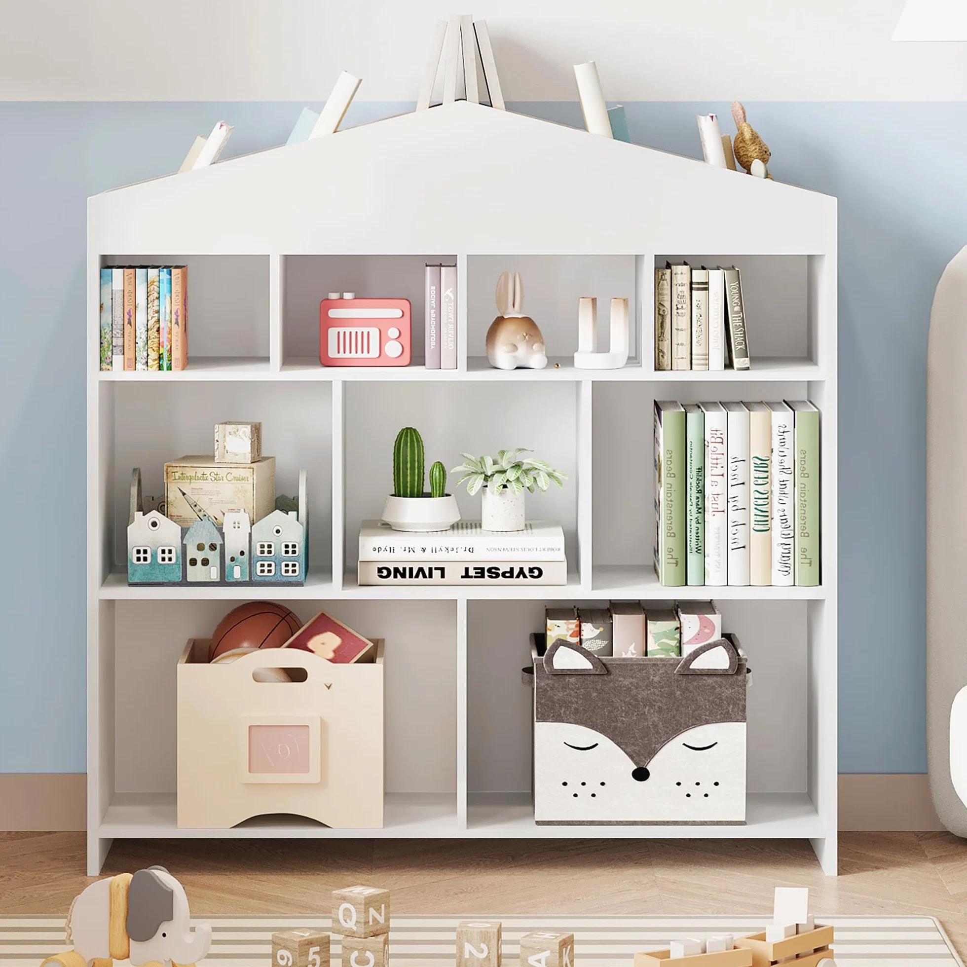 Garvee Estantería Niños Grande - 9 Compartimentos Clasificables - Librería Infantil con diseño en Forma de casa - Espacio Superior para Libros y Adornos - 100 * 30 * 104 CM - Color Blanco